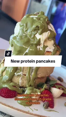 Pistachio pancakes are now available. Fluffy and loaded with 35 grams of protein. Get yours now! #proteinpancakes #pancakes #fitmeals #brunchtok #healthytreats #highproteinmeals #protein #highprotein #nutriverse #gregoryhills 