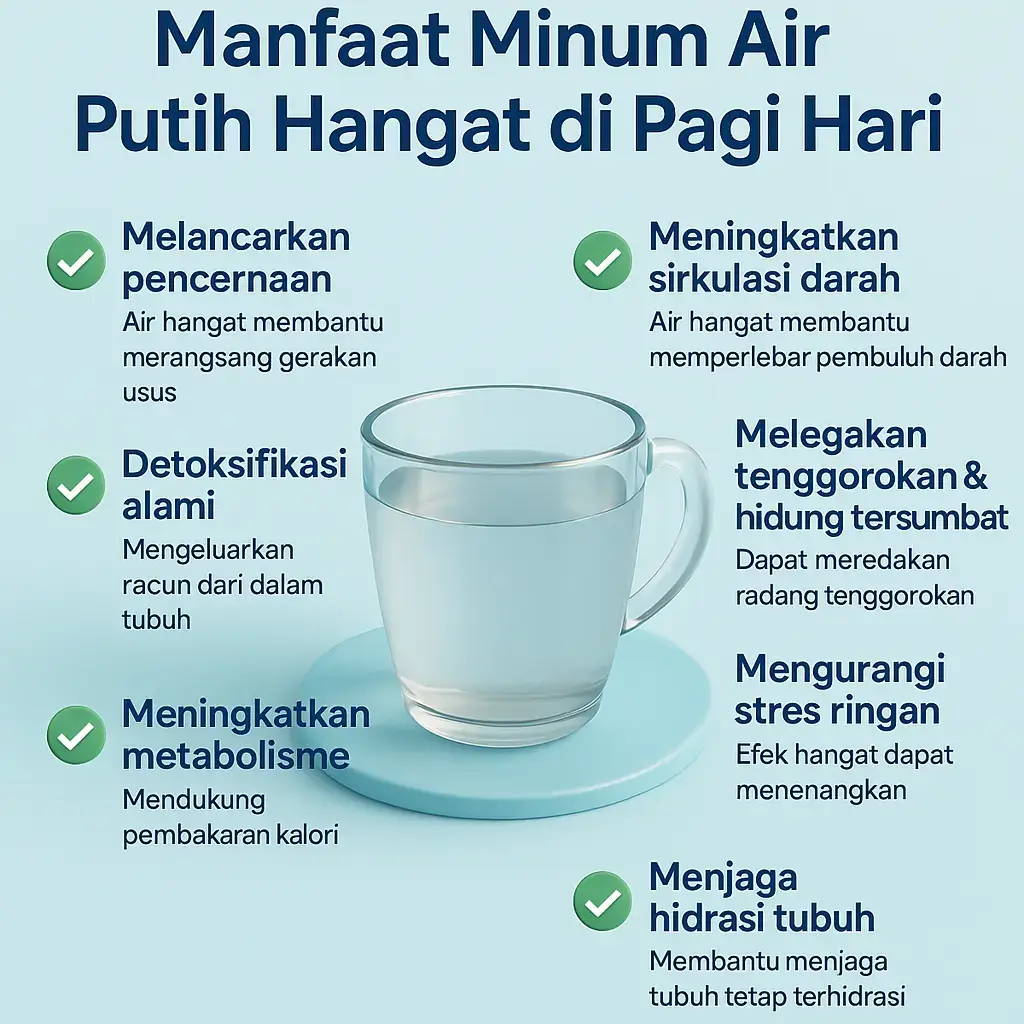 Berikut penjelasan lebih detail manfaat minum air putih hangat di pagi hari seperti yang ditampilkan pada gambar: 1. Melancarkan Pencernaan Minum air hangat di pagi hari membantu merangsang pergerakan usus, sehingga proses buang air besar menjadi lebih lancar. Ini dapat membantu mencegah sembelit dan menjaga sistem pencernaan tetap sehat. 2. Detoksifikasi Alami Air hangat membantu tubuh dalam mengeluarkan racun yang menumpuk di organ tubuh, terutama melalui keringat dan urine. Minum air hangat saat perut kosong dapat mempercepat proses detoksifikasi ini secara alami. 3. Meningkatkan Metabolisme Dengan suhu yang hangat, air dapat merangsang metabolisme tubuh, artinya tubuh lebih siap membakar kalori. Ini sangat bermanfaat bagi kamu yang sedang berusaha menurunkan berat badan atau menjaga berat badan ideal. 4. Meningkatkan Sirkulasi Darah Air hangat membantu melebarkan pembuluh darah, sehingga peredaran darah menjadi lebih lancar. Aliran darah yang baik sangat penting untuk distribusi oksigen dan nutrisi ke seluruh tubuh. 5. Melegakan Tenggorokan & Hidung Tersumbat Jika kamu mengalami flu, pilek, atau sakit tenggorokan, air hangat bisa membantu meredakan peradangan, mengencerkan lendir, dan mengurangi rasa tidak nyaman di tenggorokan serta hidung. 6. Mengurangi Stres Ringan Efek dari suhu hangat memiliki kemampuan menenangkan sistem saraf, sehingga bisa membantu mengurangi stres ringan dan membuat tubuh serta pikiran lebih rileks. 7. Menjaga Hidrasi Tubuh Meski hangat, air tetap berperan besar dalam menjaga keseimbangan cairan tubuh, membantu proses metabolisme, sirkulasi, dan menjaga fungsi organ tetap optimal. Dengan kebiasaan sederhana minum air hangat setiap pagi, kamu bisa mendukung berbagai fungsi penting tubuh secara alami dan mudah. #hidupsehat #sehatgamahal #makan #fyp #fypシ゚ #fypage #fyppppppppppppppppppppppp 