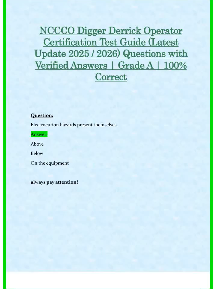 NCCCO Digger Derrick Operator Certification Test Guide Latest Update 2025  2026 Questions with Verified Answer