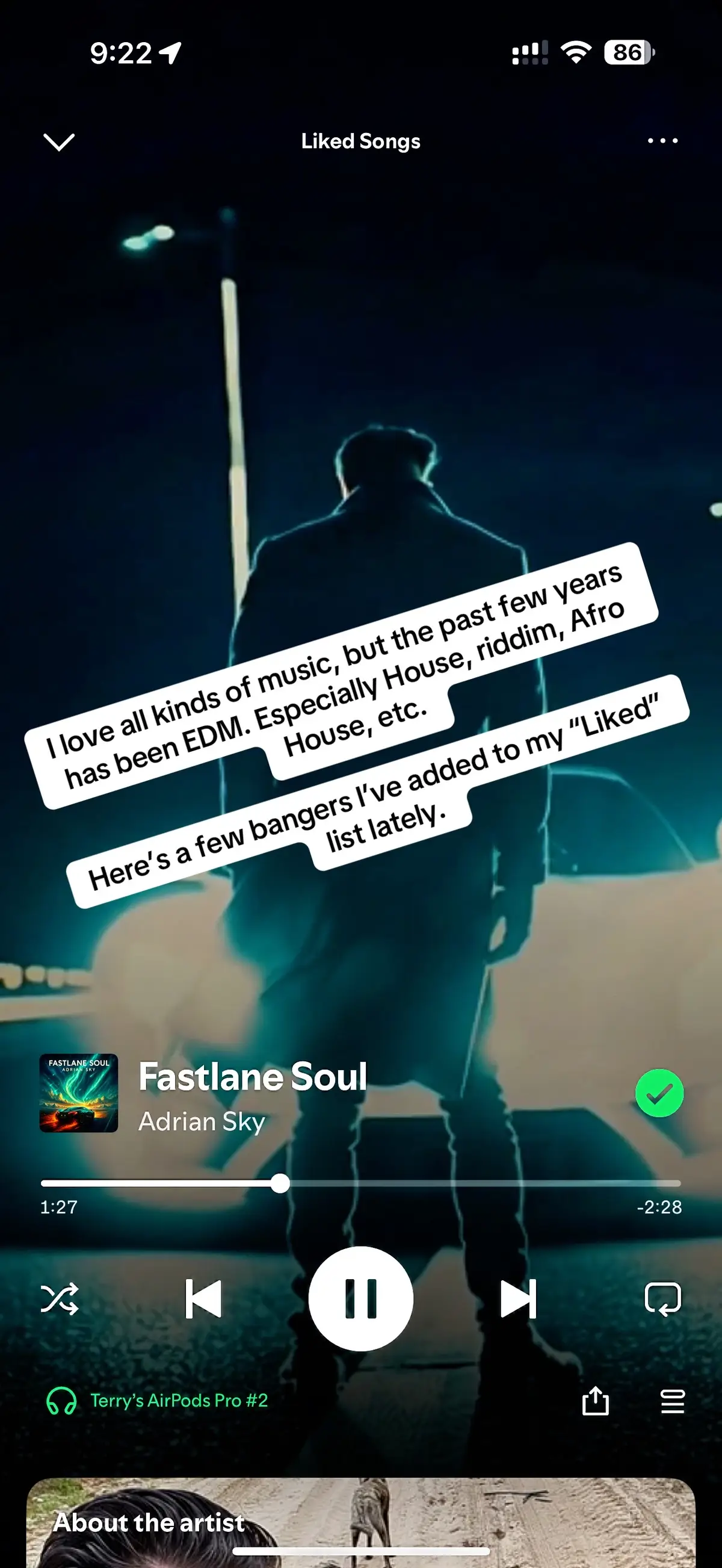 My Spotify lately is a whole vibe. Over the last couple years my taste has really shifted into EDM, especially house and Afro house. I’m all about those deep rhythms that make you wanna move. These are just some of the tracks I’ve recently added to my liked playlist, and honestly they’ve been on repeat. Right now I’m learning to shuffle (taking classes and everything) and I’ve also started learning how to DJ. This is the type of music I wanna focus on, play, and dance to. It’s more than just sound at this point, it’s becoming a part of how I express myself. If you’re into this sound too, feel free to drop a comment. I’m always down to trade songs or connect. #EDM #HouseMusic #AfroHouse #Shuffling #DJinTheMaking #SpotifyVibes