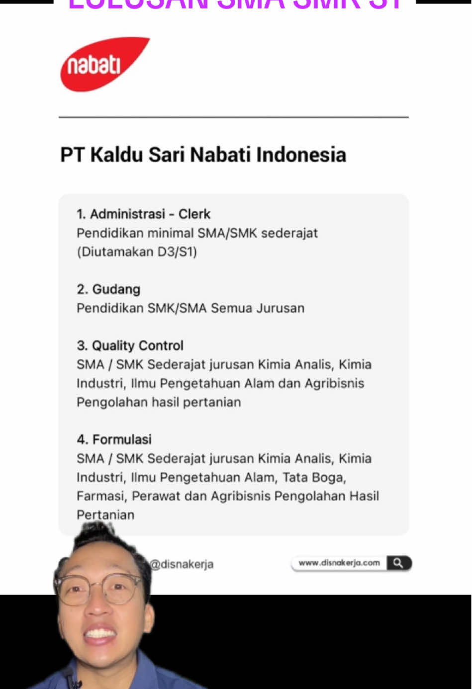 Info loker terbaru 2025. Lowongan kerja pt kaldu sari nabati untuk lulusan sma smk s1 semua jurusan. Info pendaftaran cek link👇 https://www.disnakerja.com/lowongan-kerja-nabati-group/ #lokerterbaru #lokerjakarta #loker2025 #infoloker #carikerja #lowongankerja #lowongankerjaterbaru #lowongankerja2025 #lokersma #lokersma #lokerbekasi 