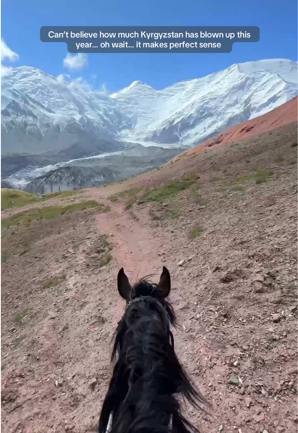 Just a friendly reminder that now is the time to buy tickets to Kyrgyzstan (before it blows up). The mountains here are beautiful and unlike anything we’ve ever seen. This is what the view looks like at 16000 ft on the trail to Peak Lenin camp 1.  Fun fact - this was Stas’ first time riding a horse.  #creatorsearchinsights 