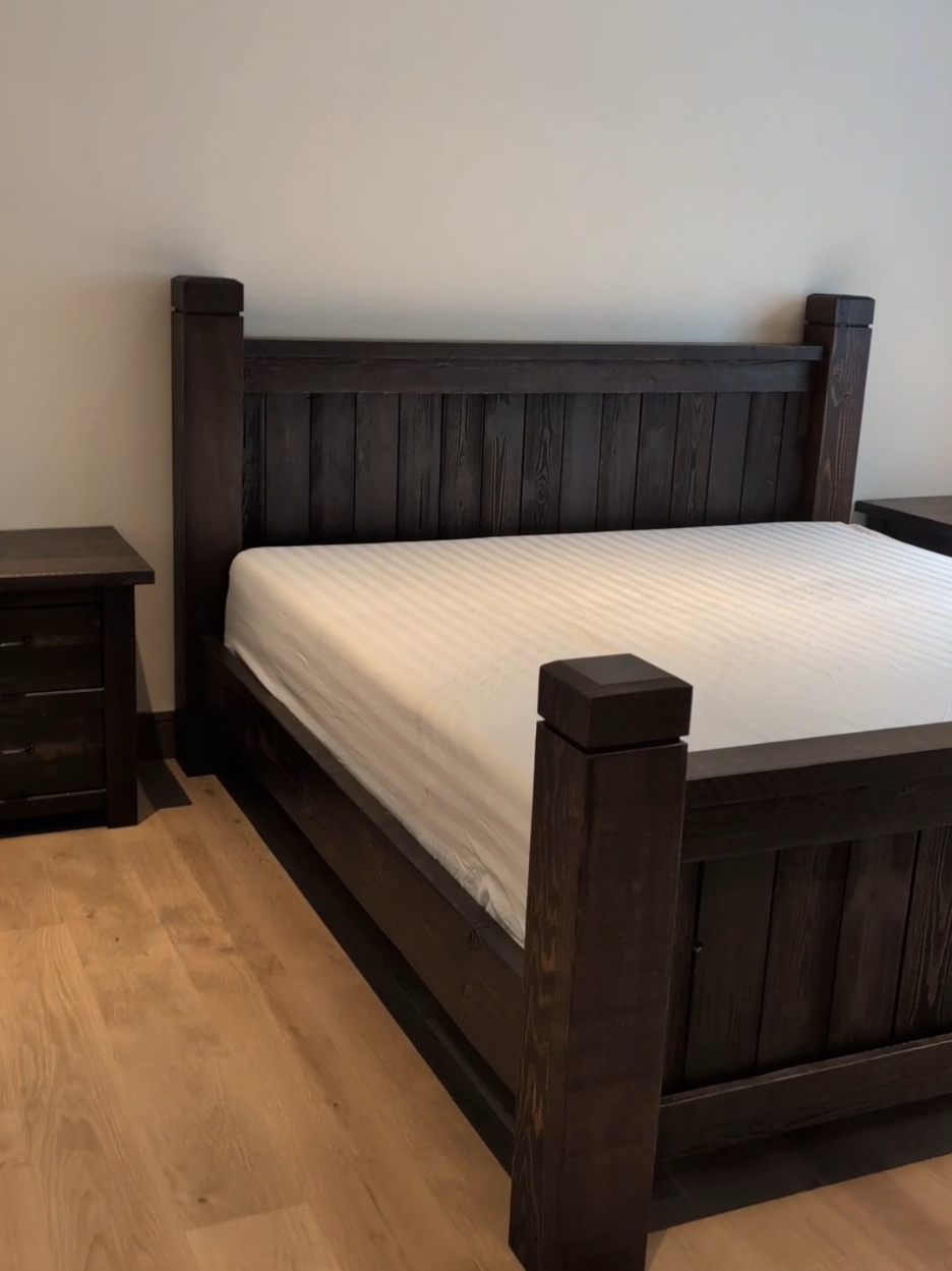 Custom king bedroom set in a Montana modern style. Rough cut fir in a dark brown satin finish.  #whitefishmontana #woodtok #woodshop #mountainmodern 