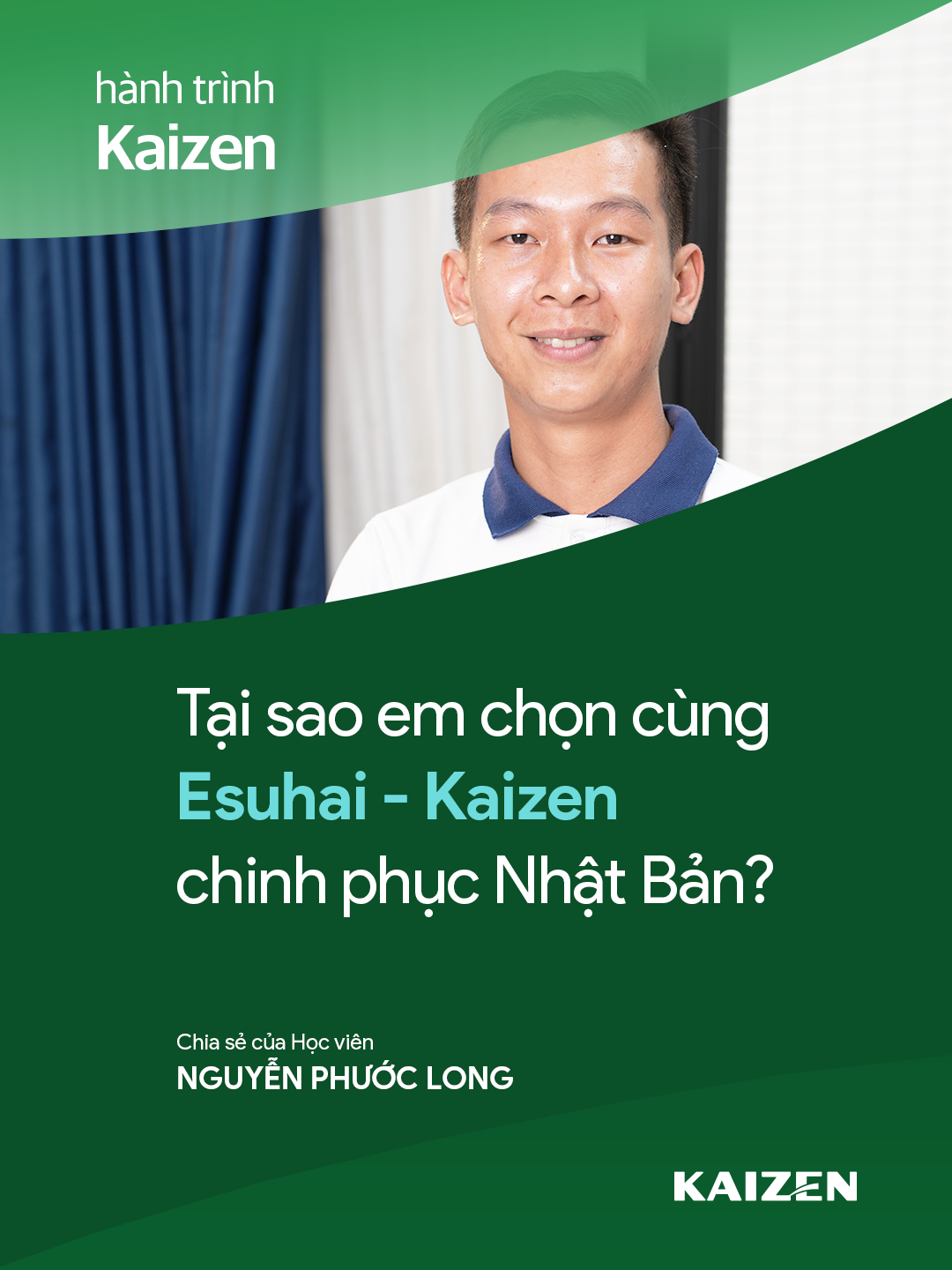 Hành trình Kaizen | Tại sao em chọn Esuhai - Kaizen cùng em chinh phục Nhật Bản? 📍 Nguyễn Phước Long – chàng trai đến từ miền quê sông nước Bến Tre, nơi tuổi thơ gắn liền với con tôm, con cá và những buổi chiều lộng gió bên bến sông. 🐟 Chính tình yêu với ngành Thủy sản đã thôi thúc Long mạnh dạn chọn con đường trở thành Thực tập sinh kỹ năng ngành Thủy sản tại Nhật Bản trong 3 năm. Không phải là chuyến đi trải nghiệm xa nhà, mà là một quyết định thay đổi cả tương lai. 🎓 Môi trường mới, ngôn ngữ mới, văn hóa mới – mọi thứ đều lạ lẫm và đầy thử thách. Nhưng Long chưa bao giờ nghĩ đến chuyện bỏ cuộc. Với Long, chọn Esuhai - Kaizen là chọn một nơi có uy tín, chi phí minh bạch và hợp lý, là nơi luôn đồng hành như một người bạn đáng tin cậy. 💬 “Tiếng Nhật lúc đầu nghe khó lắm, nhưng mình học từng chút mỗi ngày. Từ từ, mình thấy nó cũng thú vị, giống như đang mở ra một thế giới mới. Chỉ cần kiên trì – là chinh phục được hết!” 👉 Hành trình của Long là minh chứng sống động cho một ước mơ bắt đầu từ dòng sông quê nhà, nay đang từng bước vươn ra đại dương rộng lớn. Một trái tim yêu nghề và một khát vọng bứt phá – đó chính là tinh thần Kaizen! 🚀 Bạn đang băn khoăn giữa muôn vàn ngã rẽ để đến Nhật Bản? Inbox ngay hôm nay để Esuhai - Kaizen cùng bạn viết nên câu chuyện của chính mình! ----------- #Esuhai #Kaizen #HanhTrinhKaizen #ConDaLonRoi #KhangDinhVuonMinh #ToiLaThucTapSinhEsuhai