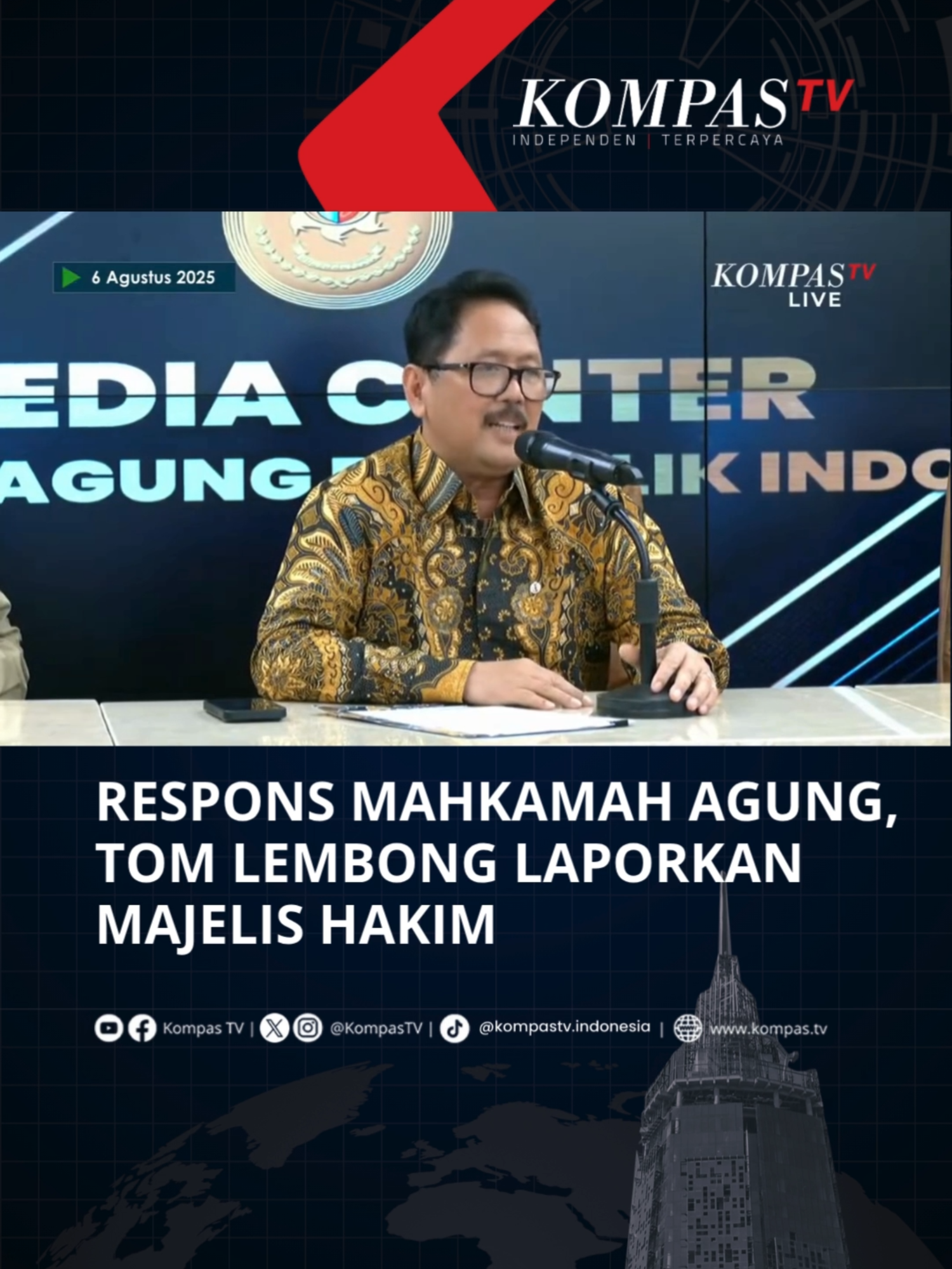 Juru Bicara MA, Hakim Agung Yanto menyampaikan respons Mahkamah Agung terkait laporan Tom Lembong kepada MA dan KY terkait dugaan pelanggaran etik Hakim. Hal ini disampaikan Yanto dalam konferensi pers pada Rabu (6/8/2025). Hakim Yanto menjelaskan bahwa Mahkamah Agung akan segera mempelajari dan menindaklanjuti. Tuliskan komentarmu dan dapatkan berita terkini lainnya di www.kompas.tv serta youtube.com/kompastv #TikTokBerita