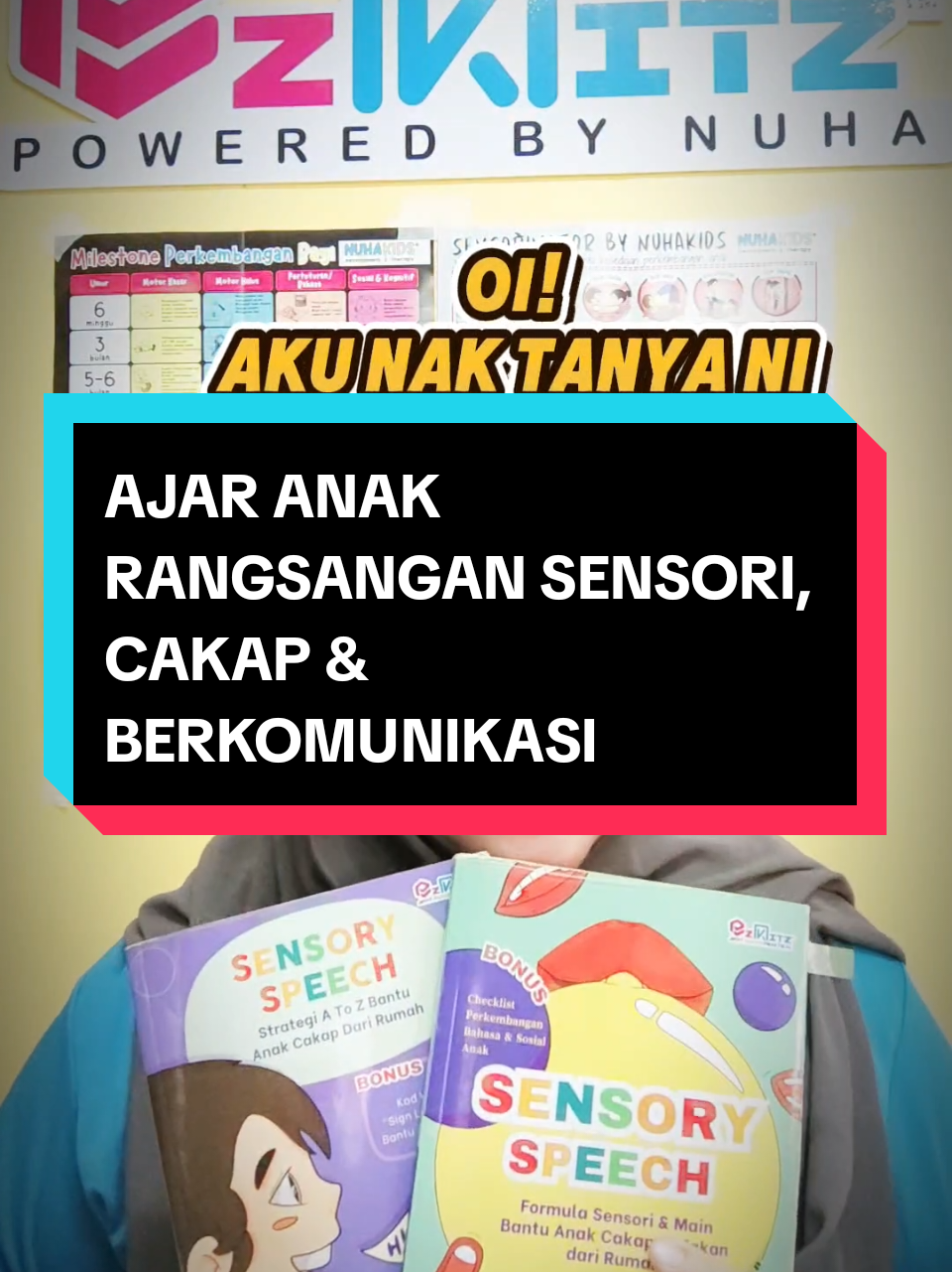 Oi ! Aku nak tanya ni, Anak Ibu Ayah Lambat Bercakap ke? Nak ajar tapi tak pasti? Jangan Risau, Buku Panduan Sensory Speech kan ada. Boleh Pre-Order sekarang untuk dapatkan harga Promosi #ezkitz #nuhakids #speechdelay #parentingtips #childdevelopment #perkembangananak #bantuanakcakap #bukubelajarbercakap 
