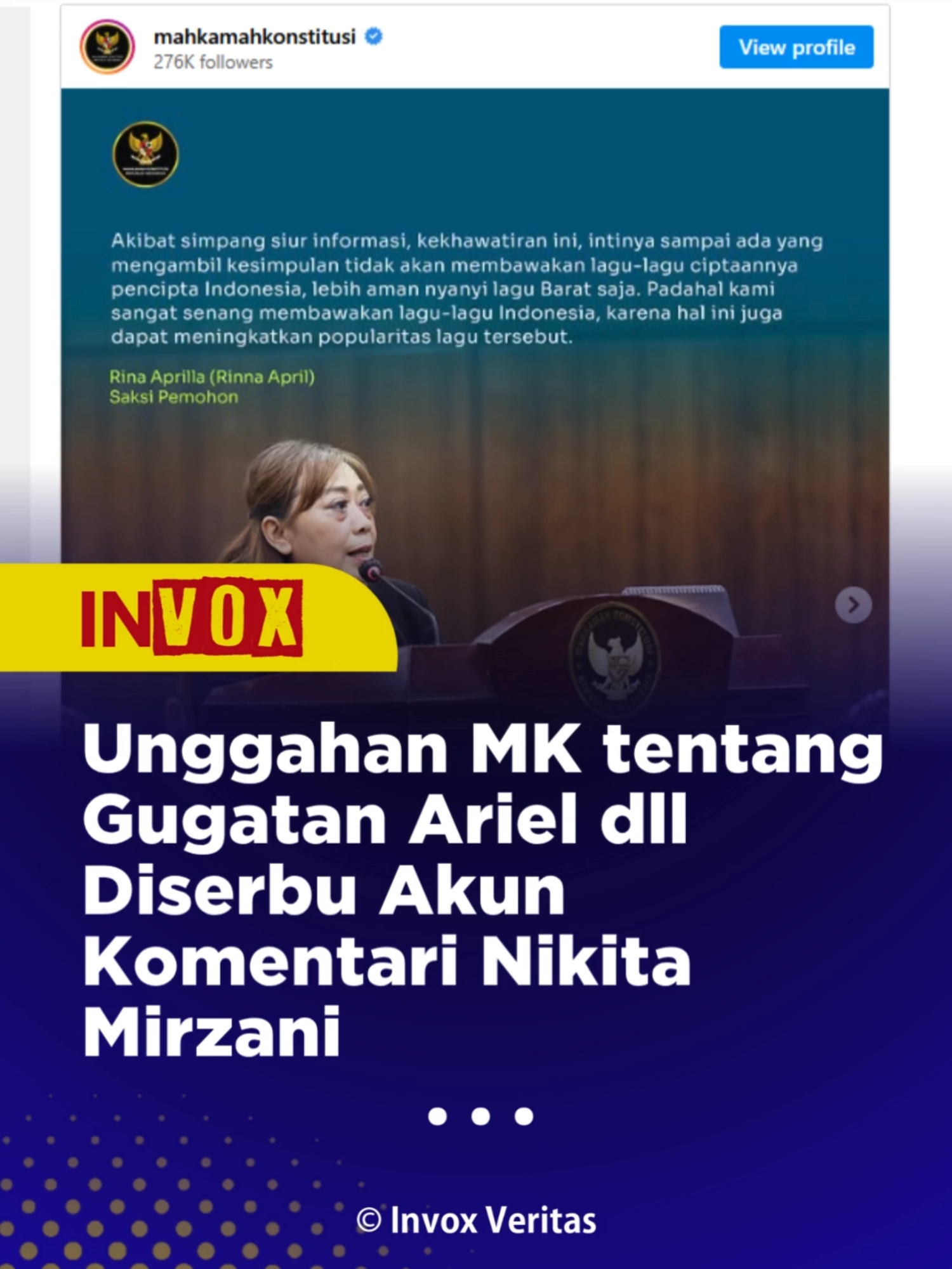Akun Instagram Mahkamah Konstitusi (MK) diserbu oleh warganet atau netizen yang salah alamat mengomentari kasus Nikita Mirzani ke pengadilan konstitusi tersebut. Diakses Kompas.com di akun Instagram resmi MK, @mahkamahkonstitusi, Senin (4/8/2025), unggahan MK tiga hari lalu itu terlihat berisi penjelasan soal uji materi Undang-Undang Hak Cipta Nomor 28 Tahun 2014 yang sedang bergulir. Unggahan informasi perkara yang dimohonkan Nazril Irham dan 28 Musisi untuk Perkara 28, dan Band T'Koes untuk perkara 37 itu diserbu komentar tidak nyambung mengenai Nikita Mirzani, selebritas nasional.  Pasalnya, kasus Nikita Mirzani adalah kasus tindak pidana, sedangkan unggahan MK adalah perkara uji materi UU Hak Cipta terhadap Undang-Undang Dasar 1945. Penelusuran Kompas.com, isi komentar bernada menyerang para hakim merujuk pada persidangan Nikita Mirzani yang berlangsung di Pengadilan Negeri Jakarta Selatan, Jumat (1/8/2025). Lika-liku menuju Indonesia Maju, dikupas dalam Kompas 80 Tahun Indonesia. Pre-order sekarang! Artikel Kompas.id 