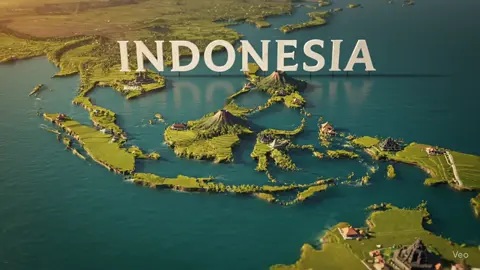 A 3D animated map of Indonesia styled like a vintage atlas. The islands are elevated and textured with lush forests, iconic landmarks like Monas, Borobudur, and traditional houses placed in their regions. A smoking volcano in Sumatra, rice fields in Java, and turquoise seas surround the islands. A bold 