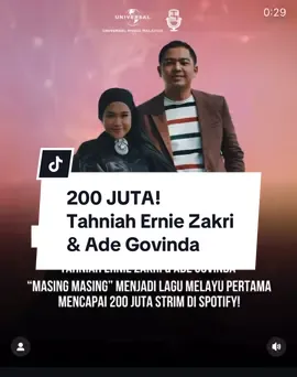 Pecah rekod! lagu melayu paling berjaya & mencipta sejarah dgn 200 juta strim di sportify tahniah @erniezakri & Ade Govinda dgn kejayaan lagu “MASING - MASING”. Its a phenomenal! #ernienators #masingmasing #erniezakri #adegovinda #200juta #sportify #lagumelayupopular #viral #fyp #malaysia #indonesia 