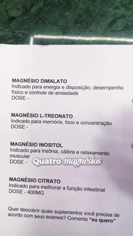 Você sabe qual é o magnésio ideal para você? 🌱 👉🏻 Nem todo magnésio é igual, e o que funciona pra um, pode não funcionar pra você Enquanto o dimalato melhora a disposição e o desempenho físico, o treonato atua na memória e concentração Já o citrato é ótimo pra função intestinal, e o magnésio com inositol ajuda no relaxamento e no sono reparador 👉🏻 A melhor forma de descobrir o ideal pro seu corpo? Olhar pros seus exames com atenção #exames #magnesio #insonia #constipacao #cansaco #memoria #vivercomsaude