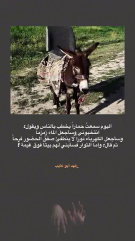 اليوم سمعتُ حماراً يخطب بالناس ويقول: انتخبوني وسأجعل الماء زمزماً وسأجعل الكهرباء نوراً لا ينطفئ صفق الحضور فرحاً ثم قال: وأما الثوار فسأبني لهم بيتاً فوق غيمة !  لـ فهد أبو غايب #فهد_أبو_غايب #ثورة_تشرين #نصوص #اقتباسات #فلسفة #فهد_إحسان 