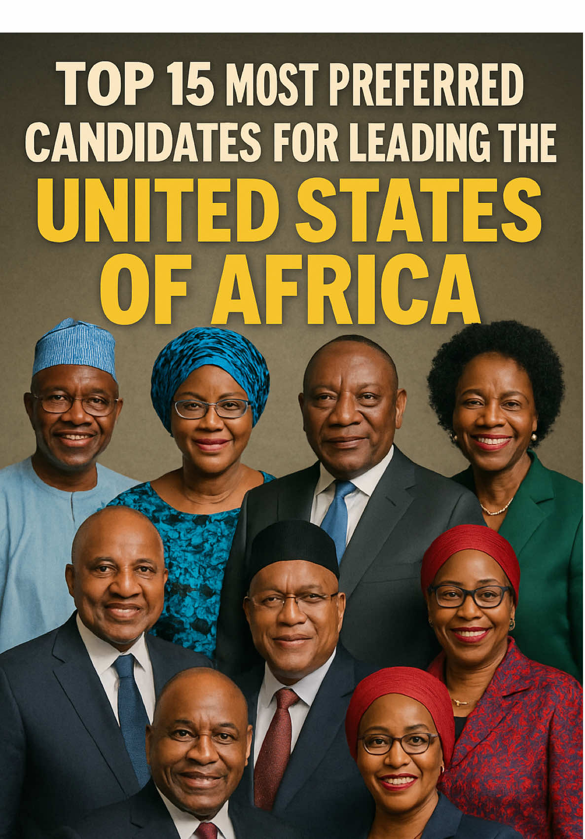 TOP 15 MOST PREFERRED CANDIDATES FOR LEADING THE UNITED STATES OF AFRICA. Based on a free and fair Africa general election. If Africa were to unite today into a single powerful nation, as the United States of Africa. The question would rise: Who would be the ideal leader? Here are the top 15 candidates Africans would likely trust to spearhead this continental transformation: