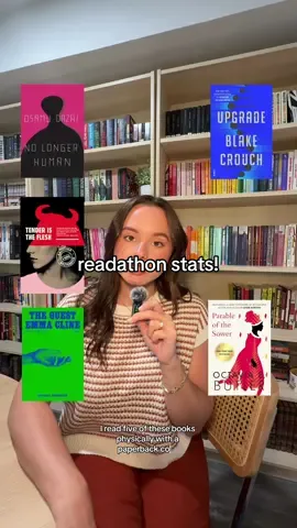 here’s my 24 hour readathon wrap up! 📖 i decided to include a bunch of stats in case anyone (like me) is an avid Storygraph user! stay until the end for mini reviews of each book 😊 books mentioned: No Longer Human Tender is the Flesh The Guest Upgrade Bliss Montage Parable of the Sower My Brilliant Friend #readingwrapup #readingchallenge #readathon #24hourreadathon #24hourchallenge #litfic #scifi #horror #CapCut 