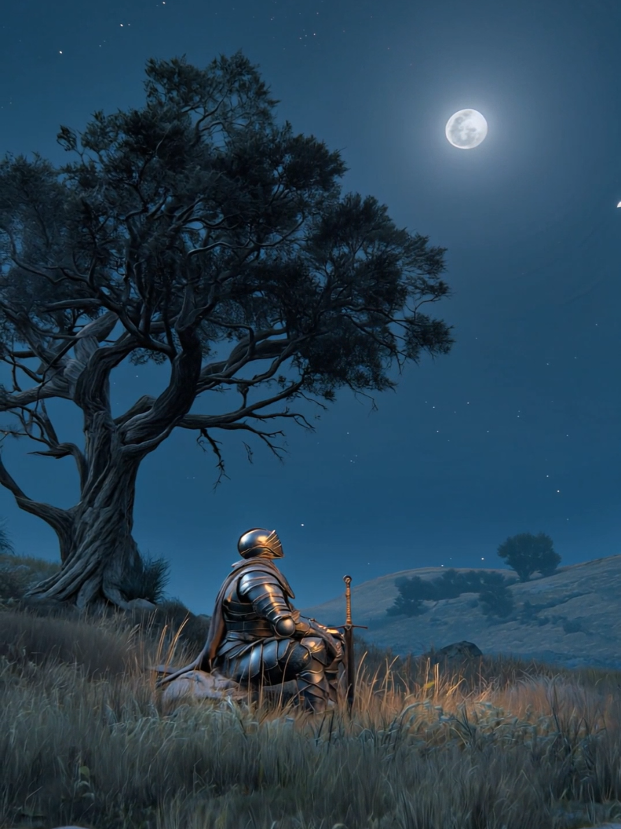 In the silence, he finds the sky 🌕🌿 #medieval #medievalfantasy #darkfantasyart #knight #aivideo #aigenerated #midjourney 