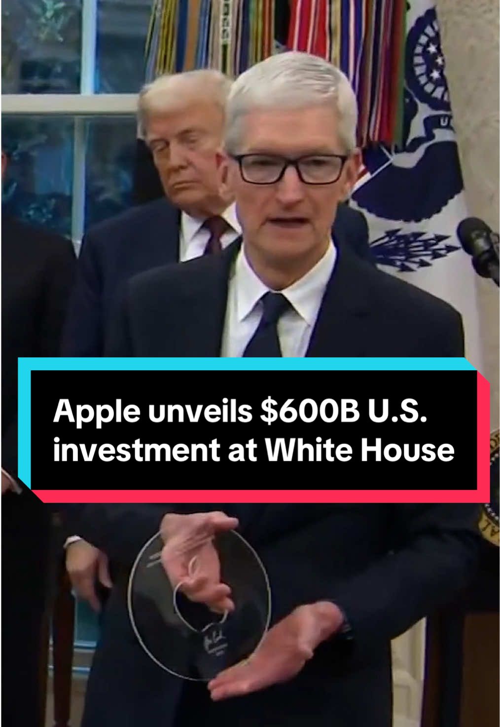 President Trump announced Apple will invest an additional $100 billion in the U.S., bringing its total to $600 billion over four years. At the event, CEO Tim Cook showcased a U.S.-made Apple product, presenting Trump with a custom glass-and-gold keepsake. #trump #apple #investment 