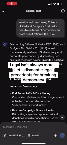 Legal isn’t always moral. There are many cases that set legal precedent for how broken the American system is right now - two key cases, Citizen United and Dodge vs Ford, have, in my opinion, been critical to leading our society to where it is today, where profits are prioritized over people and corporate money sways country policy.  Dismantling these precedents *may* set a tone where more people will see the actions of corporations and their billionaire CEOs as immoral, as too many people conflate legality with morality. Here’s to hoping.  #legal #legalprecedent #dodgevsford #citizensunited 