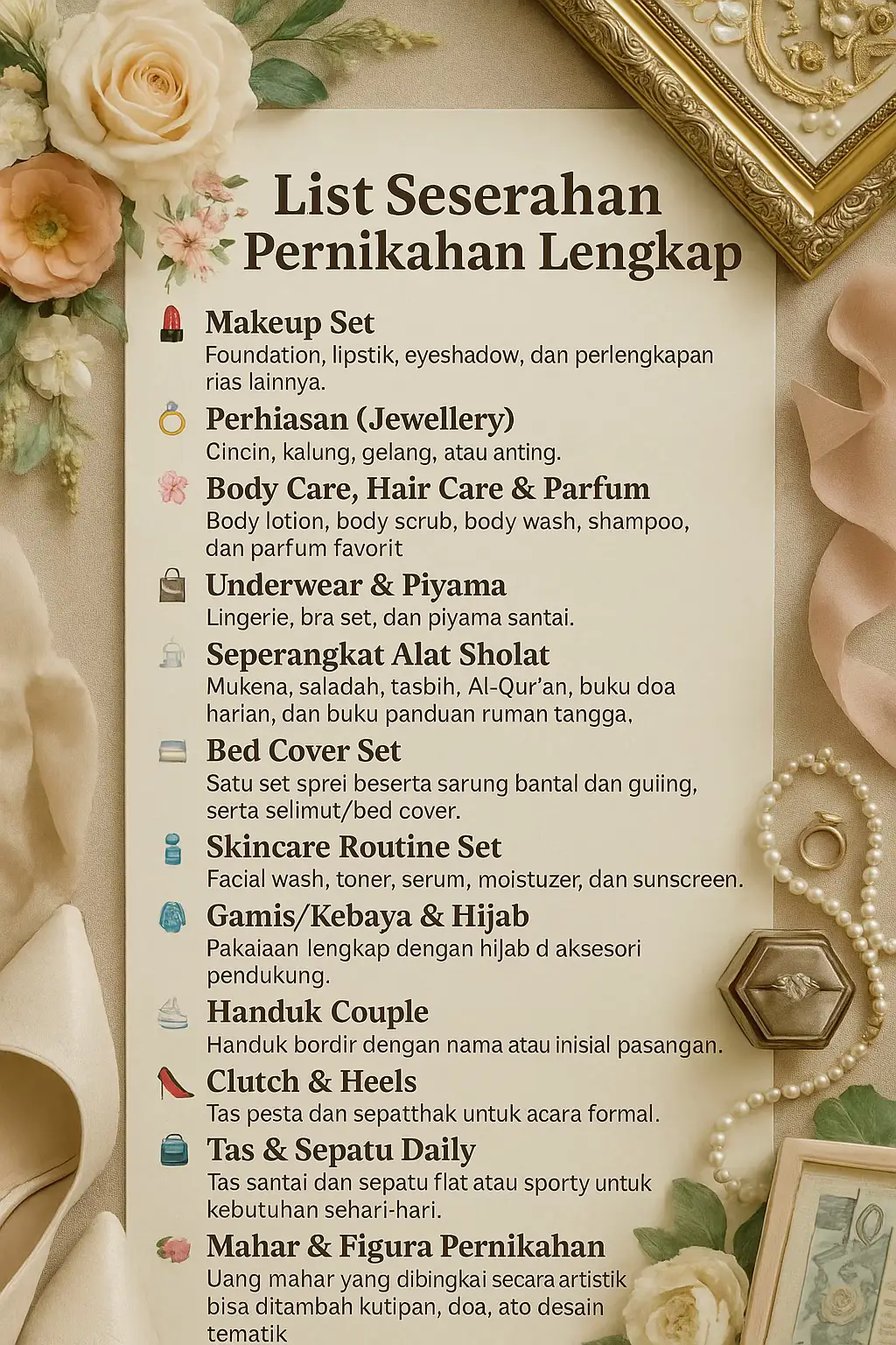 Jangan lupa simpan ya.. Daftar yang harus disiapkan untuk seserahan pernikahan.. #seserahan #pernikahan #hantaran #seserahanpernikahan #mahar