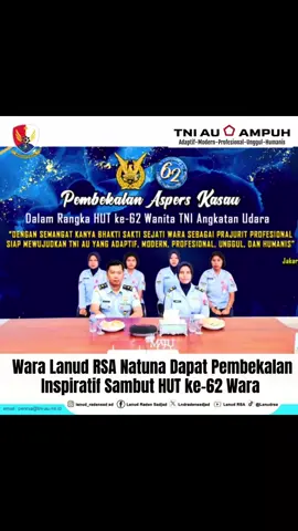 Wara Lanud RSA Natuna Dapat Pembekalan Inspiratif Sambut HUT ke-62 Wara  Wanita TNI Angkatan Udara (Wara) Lanud Raden Sadjad (RSA) Natuna mengikuti pengarahan virtual dari Ibu Winayadhati Kanya Sena,  Ibu Isa M. Tonny Harjono, Rabu (6/8/2025). Kegiatan berlangsung di Ruang Rapat Mako Lanud RSA, Komandan Lanud RSA Kolonel Pnb I Ketut Adiyasa diwakili Kadispers Lanud RSA Mayor Adm Parlin Eka Putera dan Ketua PIA Ardhya Garini Cabang 17/D.I Lanud RSA Ny. Dewi I Ketut Adiyasa di wakili Ny. Halida Bekti. Acara ini merupakan rangkaian pembekalan menjelang peringatan Hari Ulang Tahun ke-62 Wanita Angkatan Udara yang jatuh pada 12 Agustus 2025. Pengarahan dibuka oleh Aspers Kasau Marsekal Muda TNI Yostariza, S.E., M.Tr.OPSLA., yang menekankan pentingnya peran ganda Wara sebagai wanita sekaligus prajurit TNI Angkatan Udara. Wara diharapkan membangun kebersamaan, profesionalisme, serta menjadi bagian penting mewujudkan TNI AU AMPUH yang (Adaptif, Modern, Profesional, Unggul, dan Humanis). Ibu Winayadhati Kanya Sena menyampaikan, Wara harus dikenal bukan hanya dari seragamnya, tetapi dari kekuatan hati, ketulusan dan kejernihan nurani menjaga kehormatan serta pengabdian. “Karakter adalah benteng utama menjaga nama baik diri, keluarga, dan institusi TNI Angkatan Udara,” tegas Ibu Winayadhati Kanya Sena di hadapan seluruh peserta pengarahan virtual. Kegiatan turut diisi ceramah “Karir Manis, Keluarga Harmonis” oleh dr. Asiah Dahlan CHMHt.CM.NLP yang menekankan keseimbangan antara kesuksesan karier dan keharmonisan rumah tangga bagi Wara. Melalui kegiatan ini, Wara Lanud RSA memperoleh wawasan, motivasi, serta memperkuat ikatan batin sebagai perempuan tangguh TNI AU demi pengabdian kepada bangsa dan negara. #wara #wanitatniangkatanudara #wararsa #hutwara #tniau #militerudara #LanudRSA #natuna 
