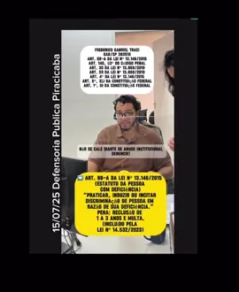 No dia 15 de julho de 2025, dentro da Defensoria Pública do Estado de São Paulo – Unidade Piracicaba, localizada no Centro, fui publicamente discriminada pelo servidor Frederico Gabriel Traci OAB/SP 383510, que, mesmo ciente de que sou pessoa com deficiência — com laudo médico registrado em meu RG e apresentado no momento do atendimento — afirmou, com desprezo: “você deveria ser interditada”, pelo simples fato de eu possuir um diagnóstico de saúde mental (CPTSD). Essa frase discriminatória, opressiva e estigmatizante foi dita por um funcionário que deveria proteger direitos, não destruí-los. A cena foi gravada e está publicada para auto defesa.  Isso não é falha, não é descuido. É violência institucional contra pessoa com deficiência. Boletim de ocorrência  foi lavrado na Polícia Civil, e as provas foram sendo encaminhadas Promotor Carlos Paulo Travain Filho do  Ministério Público que também não se manifestou.  A conduta configura crime de discriminação (art. 88-A da Lei nº 13.146/2015), injúria qualificada por capacitismo (art. 140, §3º do Código Penal) e abuso de autoridade (arts. 30 e 33 da Lei nº 13.869/2019), além de violar frontalmente os princípios constitucionais da dignidade humana e da igualdade no acesso a serviços públicos (arts. 1º, III e 5º, XLI da Constituição). Já se passou mais de uma semana desde o protocolo oficial do recurso com todas as provas. A Defensoria não respondeu absolutamente nada. Esse silêncio não é omissão: é proteção interna entre servidores e desprezo pelas vítimas. A Defensoria Pública de Piracicaba se cala porque compactua.