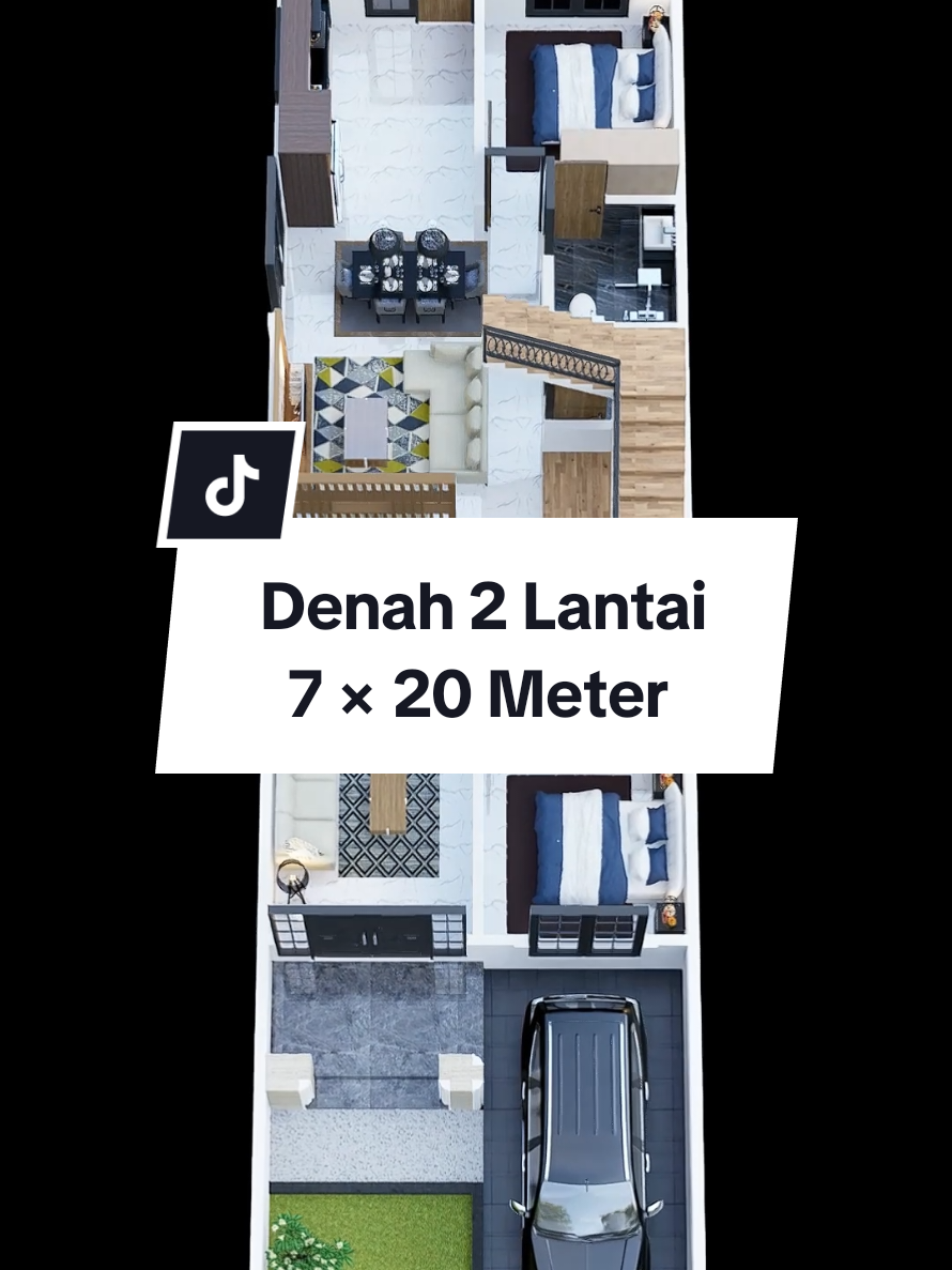 Denah Rumah 2 Lantai | 7 × 20m • Ruang Tamu • Ruang Keluarga • 3 Kamar Tidur • Ruang Makan • Dapur • 2 Kamar Mandi • Carport • Balkon • Rooftop • Musholla • Ruang Cuci Jemur • Taman #skaladesain #arsitektur #rumah #denah #denahrumah #desainrumah #rumahidaman #rumahimpian #fyp #xyzbca 