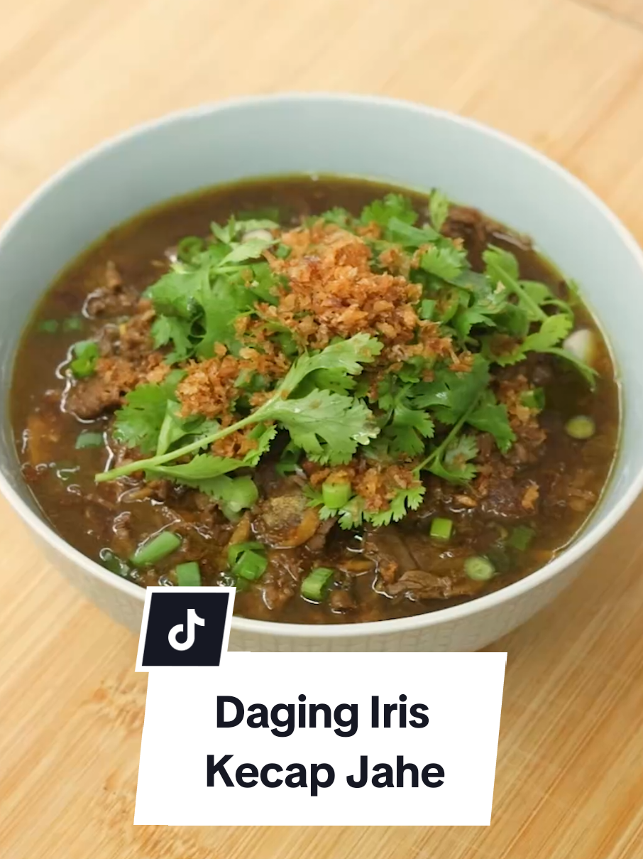 Resep Daging Iris Kecap Jahe (untuk 5 porsi) Bahan: 500 gr daging sapi iris 6 siung bawang putih 8 siung bawang merah 2 jempol jahe 1 sdt kunyit bubuk (opsional) 1 ½ sdm tauco manis 3 sdm kecap manis 1 sdm saus tiram 500 ml air 2 sdm minyak ½ sdt garam ½ sdt kaldu jamur ¼ sdt merica Pelengkap: daun bawang cung, iris daun ketumbar bawang goreng nasi putih wortel rebus cabai rawit merah iris (opsional) Cara membuat: 1. Iris bawang merah, jahe dan cincang halus bawang putih atau bisa menggunakan garlic press 2. Panaskan sedikit minyak, tumis bawang merah hingga setengah kering kemudian masukkan bawang putih, jahe dan kunyit bubuk, tumis hingga wangi dan kering 3. Masukkan tauco, tumis sesaat kemudian masukkan daging, tumis di api besar hingga matang 4. Masukkan air, kecap manis, saus tiram, garam, merica dan kaldu jamur, masak sesaat 5. Daging iris kecap jahe siap disajikan
