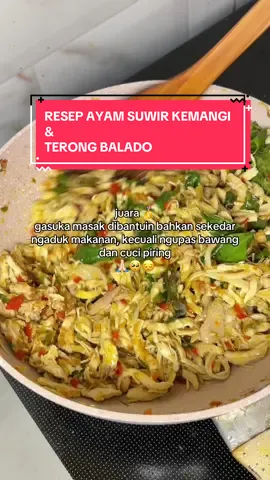 ide masakan lagi nih, buat yang bingung hari ini masak apa cuss cobain menu ini🥰😋👌👩🏻‍🍳 ayam suwir kemangii enak bangett, bisa juga di pake buat isian cireng pedas ya guys tapi banyakin cabainya (sekitar 20 cabai merah+ 10 cabai setan) resep ayam suwir kemangi : 2 dada ayam ( direbus menggunakan daun salam dan jahe yang sudah di geprek) blender/ coper dan tumis : 15 cabai merah 5 cabai setan (boleh ditambah buat yang suka pedas) 1 bawang bombay 2 batang daun bawang 10 siung bawang merah  5 siung bawang putih  masukan ayam yang sudah disuwir dan kemangi seasoning : 1 sachet lada bubuk 2 sdm saus tiram  1 sachet kaldu bubuk 1/2 sdt garam 1 sdm gula  koreksi rasa.. note : buat kalian yang suka berkuah atau nyemek boleh ditambah sedikit air lalu koreksi rasa kembali ya guys  bahan buat terong teri balado : 5 buah terong goreng, segenggam teri goreng, 20 cabai merah, 4 cabai setan, 8 bawang merah, 5 bawang putih, 1 buah tomat, 1 sdt garam, 1 sdt kaldu bubuk, 1 sdm kecap manis, koreksi rasa  #makananenak #ayamsuwirkemangi #resepsimple #masakanrumahan #homemade #pov #masakdirumahaja #cookingvlog #idemasakan #kontenmasakmemasak #menusimple #katakata #masakansimple #bekal #idekonten #terongteribalado #terongbalado 