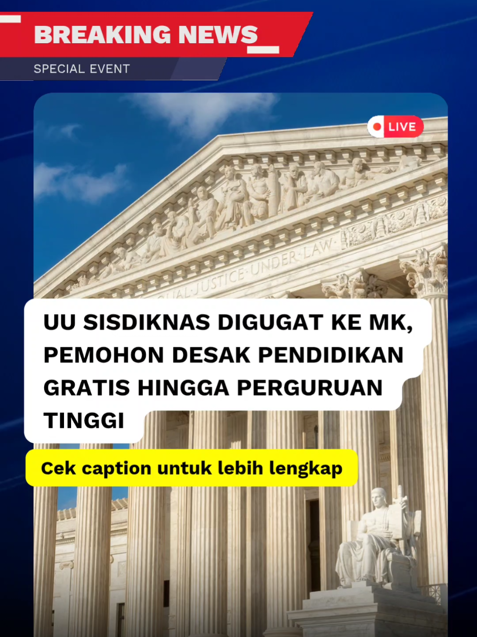 Mahkamah Konstitusi menggelar sidang uji materi terhadap Undang-Undang Nomor 20 Tahun 2003 tentang Sistem Pendidikan Nasional. Gugatan diajukan oleh sekelompok warga negara yang merasa hak konstitusional mereka dilanggar karena negara hanya menanggung biaya pendidikan untuk warga berusia 7 sampai 15 tahun, sebagaimana tertuang dalam Pasal 11 ayat 2 UU tersebut. Menurut kuasa hukum pemohon, Brahma Aryana, ketentuan usia dalam pasal itu bertentangan dengan beberapa pasal dalam UUD 1945, khususnya Pasal 28C, 28D, 28I, dan 31. Dalam UUD 1945, ditegaskan bahwa setiap warga negara berhak mendapat pendidikan, dan pemerintah wajib membiayai pendidikan dasar serta menyelenggarakan sistem pendidikan nasional secara menyeluruh. Pemohon juga menyoroti mahalnya biaya pendidikan tinggi sebagai salah satu alasan utama diajukannya gugatan. Berdasarkan data dari Kemendikti, lebih dari 350.000 mahasiswa putus kuliah pada tahun 2023, terutama di perguruan tinggi swasta, karena kendala finansial. Rata-rata biaya kuliah tahun ajaran 2023/2024 mencapai Rp19 juta per tahun, dan dalam satu dekade terakhir, biaya pendidikan tinggi naik sekitar 50 persen. Melalui gugatan ini, pemohon berharap Mahkamah Konstitusi dapat memutuskan bahwa pendidikan seharusnya dibiayai oleh negara tanpa batasan usia, demi terwujudnya cita-cita mencerdaskan kehidupan bangsa secara menyeluruh, seperti yang diamanatkan dalam konstitusi. sumber: Gugatan UU Sisdiknas di MK, Minta Negara Biayai Pendidikan hingga Perguruan Tinggi https://share.google/6vz3RfcKqz7EBzpjC