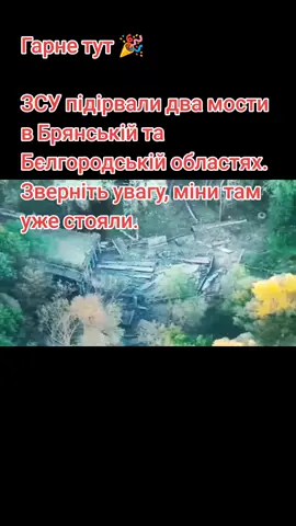 Гарне тут  🎉 ЗСУ підірвали два мости в Брянській та Бєлгородській областях. Зверніть увагу, міни там уже стояли. Тобто російські військові заздалегідь усе замінували, щоб підірвати у разі відступу. Українські дрони лише знайшли і провели підрив. Це свідчить про те, наскільки серйозно російські війська бояться нових проривів кордону.