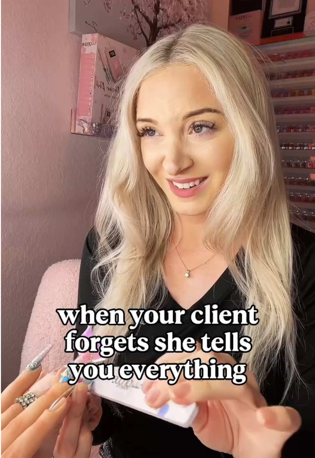 POV: your client forgets she tells you everything... 😶‍🌫️💅🏻 But don’t worry - what’s said at the nail desk? ✨ Stays. At. The. Nail. Desk. ✨ Tag your nail tech bestie or your fave oversharing client 👇🌸🩷 @adrianna 🌸 