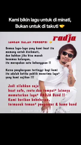 Buat klean semua !! Jangan salah PERSEPSI 🤝 Perlu diketahui bahwa, kami menciptakan nada musik & lirik itu memang untuk di minati, bukan untuk di takuti.. dan bahkan jika semua kalangan bisa menikmati karya lagu kami, disitulah hakikatnya tercapai. Penghargaan tertinggi bagi seorang musisi adalah ketika publik bisa menerima karya/lagunya. Untuk urusan lainnya, kami percaya negara melalui pemerintah pasti akan menjaga & melindungi hak setiap warga negaranya sesuai bunyi undang undang dasar kita dalam bernegara. Jadi mari kita MERDEKAkan kebebasan Hati Akal & Fikiran 🤝 Cc. @RADJA BAND  #iankasela  #iankaselabersuara  #iankaselapedulikaryacipta 
