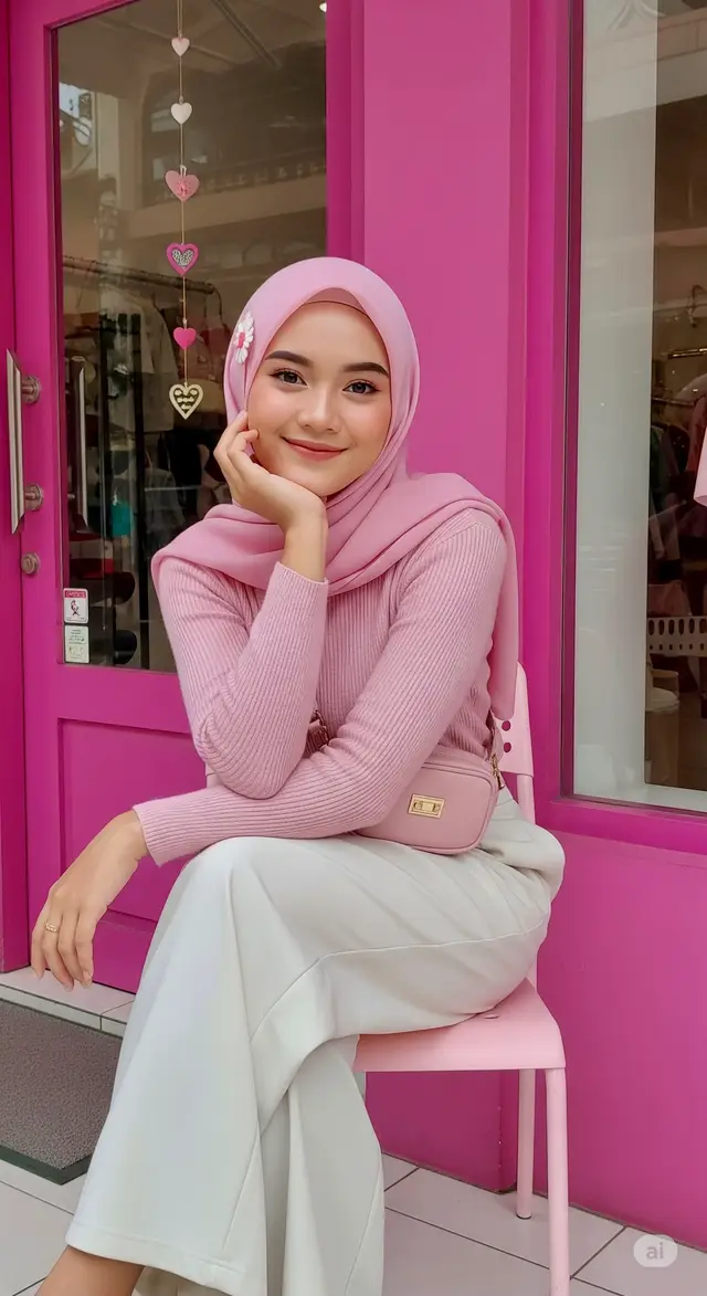 outfit date nih, matching kan ama backgroundnya?😋 #aitrendtiktok #jasaeditfoto #chatgpt #prompt #pinky #outfitideas #wanitamuslimah 