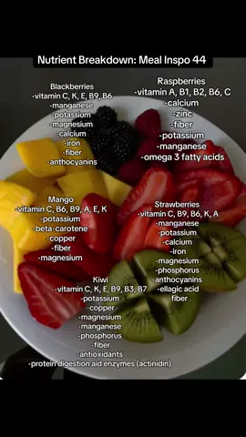 Nutrient Breakdown: Meal Inspo 44 🫐🍓🥭🥝 #fruit #wholefoods #vitaminsandminerals #snackideas #mealinspo #diet #quickrecipes #wellness #healthyliving #fatloss #wholefoods #freshfood #berries 