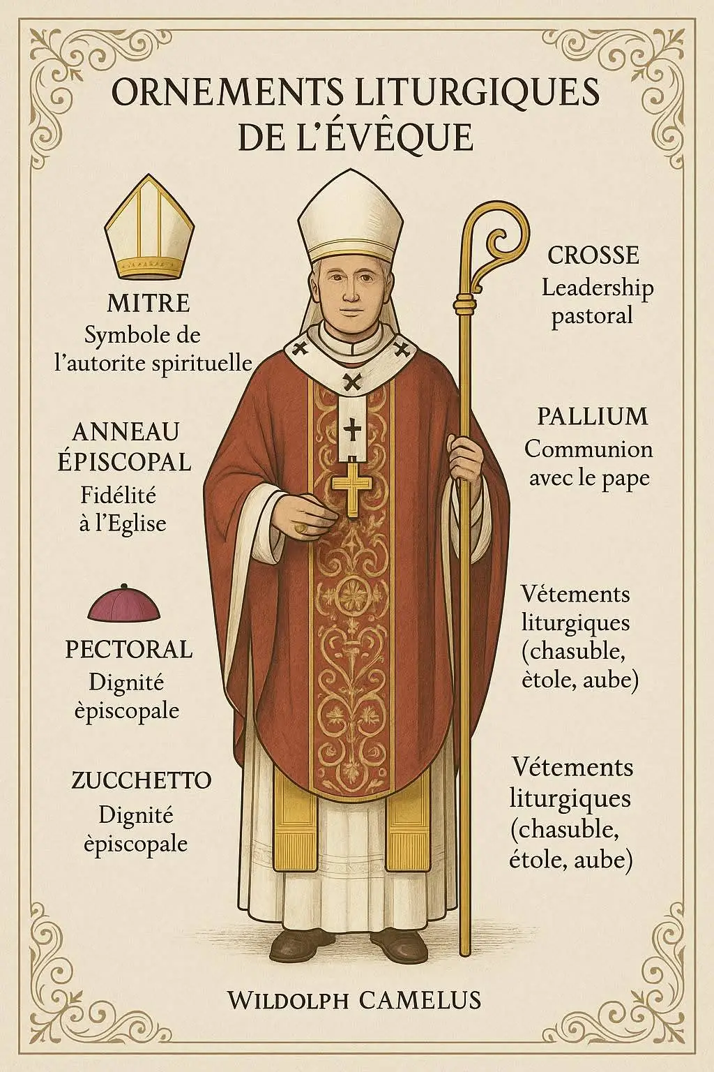 Voici une présentation claire et complète des ornements liturgiques des évêques dans l’Église catholique, ainsi que leur signification et utilité :  *1. La Mitre*  Description : Coiffe rigide à deux pointes avec deux fanons (bandes de tissu) à l’arrière. Utilité/Symbolique : Symbole de l’autorité spirituelle et de la sagesse. Elle rappelle que l’évêque est « couronné » pour guider le peuple de Dieu. Portée lors des célébrations solennelles. ⚪ *2. La Crosse* (ou Bâton pastoral) Description : Bâton terminé en volute (comme un berger). Utilité/Symbolique : Signe du rôle de pasteur : l’évêque est le berger de son diocèse. Elle rappelle que l’évêque doit guider, protéger et ramener les brebis égarées. 🔵 *3. L’Anneau épiscopal*  Description : Anneau en or porté à l’annulaire droit. Utilité/Symbolique : Signe de l’union de l’évêque avec son Église diocésaine (comme un mariage). Il symbolise aussi la fidélité à l’Évangile et l’engagement dans le service.  *4. Le Pallium** (uniquement pour les archevêques métropolitains) Description : Bande de laine blanche posée sur les épaules, avec des croix noires. Utilité/Symbolique : Signe de communion avec le pape. Symbole de la charge pastorale et de la juridiction sur les diocèses de sa province ecclésiastique. *🟤 5. Le Pectoral* (ou Croix pectorale) Description : Croix suspendue au cou par une chaîne ou un cordon. Utilité/Symbolique : Portée sur la poitrine (près du cœur). Rappel constant du sacrifice du Christ que l’évêque doit imiter. 6. *Le Zuchetto (calotte)*  Description : Petite calotte violette portée sur la tête. Utilité/Symbolique : Signe de leur rang (violet pour les évêques, rouge pour les cardinaux, blanc pour le pape). Souvent recouvert par la mitre pendant les liturgies.  *7. L’aube, l’amict, l’étole et la chasuble*  Utilité/Symbolique :  *Aube* : pureté de vie.  *Amict* : protection contre les pensées mauvaises. *Étole* : autorité sacramentelle.  *Chasuble* : charité, vêtement propre à l’Eucharistie. #àlaune Cardinal Robert Sarah #catholictiktok #follow 