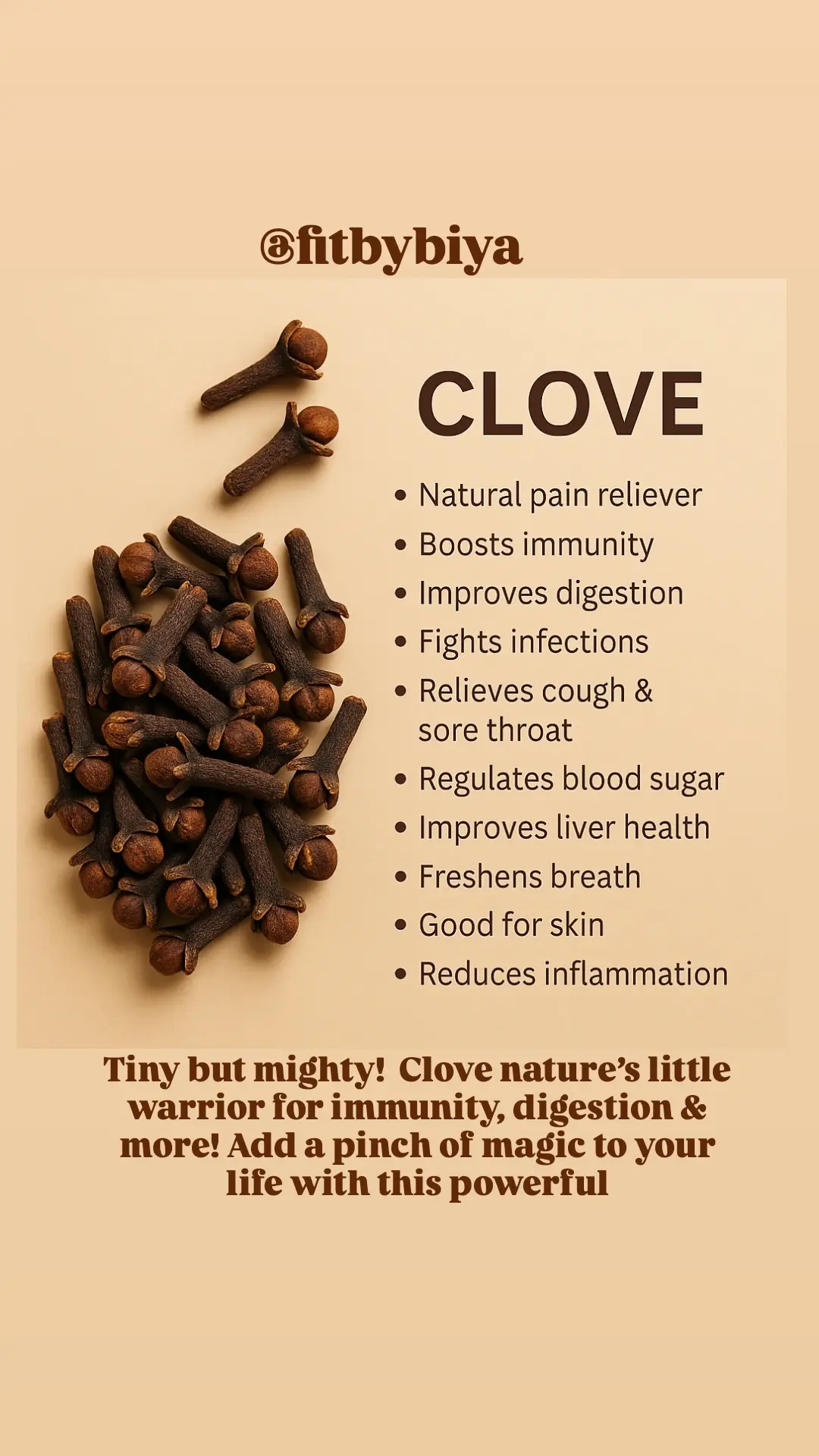 Clove (Laung)  The Magical Spice        🔥 Top Benefits of Clove 1. Natural Pain Reliever Especially for toothache 🦷 (clove oil is numbing). 2. Boosts Immunity 💪 Rich in antioxidants, it strengthens your defense system. 3. Improves Digestion Stimulates digestive enzymes and reduces gas/bloating. 4. Fights Infections Has strong antibacterial, antiviral, and antifungal properties. 5. Relieves Cough & Sore Throat Acts as a natural expectorant. Great in teas or chewed raw. 6. Regulates Blood Sugar May help maintain insulin levels naturally. 7. Improves Liver Health Contains eugenol which supports liver detox. 8. Freshens Breath Kills oral bacteria and combats bad breath. 9. Good for Skin Helps acne and skin infections (when used carefully in diluted form). 10. Reduces Inflammation Especially useful for joint pain & arthritis.         How to Use Clove (Safely) 1. For Toothache: Dab a little clove oil on a cotton swab and apply to the affected tooth. 2. For Cough or Cold: Chew 1-2 cloves. OR boil 2–3 cloves in water/tea. 3. For Digestion: Roast 1-2 cloves, crush them, and mix with honey after meals. 4. For Skin: Mix 1 drop clove oil with carrier oil (like coconut) and apply to acne. 5. In Diet: Add to curries, rice, teas, or kada. 6. Clove Water (Immune Booster): Soak 2 cloves in water overnight. Drink next morning on empty stomach (2-3 times a week only). 🚫 Who Should AVOID Clove? (Precautions) ❌ Pregnant or Breastfeeding Women: Avoid in medicinal amounts (can stimulate uterus). ❌ Children under 12: Especially clove oil it can irritate or be toxic if misused. ❌ Bleeding Disorders or Surgery Patients: Clove thins the blood avoid before surgery. ❌ Low Blood Sugar Patients: May further lower sugar. ❌ People on Blood Thinners..Clove can enhance effects not safe.  Precautions Never use undiluted clove oil on skin can burn. Don’t exceed 2-3 cloves per day  excess can irritate stomach/liver. Use only pure clove oil for medical use, not synthetic or cosmetic ones. #CloveBenefits #NaturalRemedies #HealthyLiving #ImmunityBooster #DigestiveHealth #HerbalHealing #SpiceTherapy #WellnessTips #HolisticHealth #OrganicLifestyle #NatureCure #LaungKeFayde #DesiTotkay