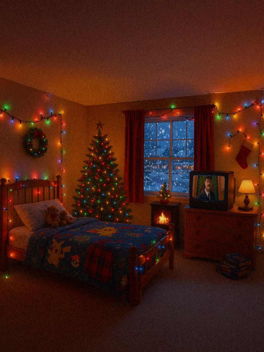 Early 2000s Christmas magic 🎄 Pokémon blanket, VHS movies, snow outside, multicolor glow. Childhood never felt so warm. #90schristmas #nostalgia #cozylittlechristmas #snowday #rightaroundthecorner