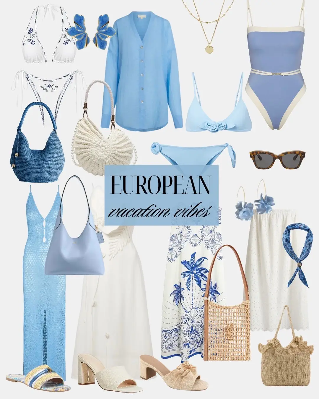 1- This look just screams european coastal escape  I’m obsessed with how airy and light everything feels — this sheer crochet dress is perfect for layering over a bikini (and the embroidery on this one is so cute!). 2- The blue one-piece swimsuit with white trim is a classic choice, and pairing it with a flowy white skirt adds a touch of elegance. The straw bag is not only practical but also adds a natural, effortless vibe to the overall look. 3- This set is such a dreamy blue moment 💙 I love pairing swimwear with an elevated coverup like this matching mesh midi skirt — it’s giving beach club ready but still comfy. Add some florals (cute earrings) and a soft block heel and you’re set from poolside to patio cocktails.  4- The flowy white dress is a timeless classic, paired with a stylish straw hat to add a touch of sophistication. The blue handbag and matching earrings bring a pop of color and freshness to the overall look.  5- This flowy printed dress is giving coastal chic — easy to throw on for brunch, exploring, or even over a swimsuit. I layered it with a light button-down and comfy sandals that add just the right pop of color.  #europevacation #vacationlook #european #summerstyle #vacationstyle #vacationgoals #petite #womenfashion