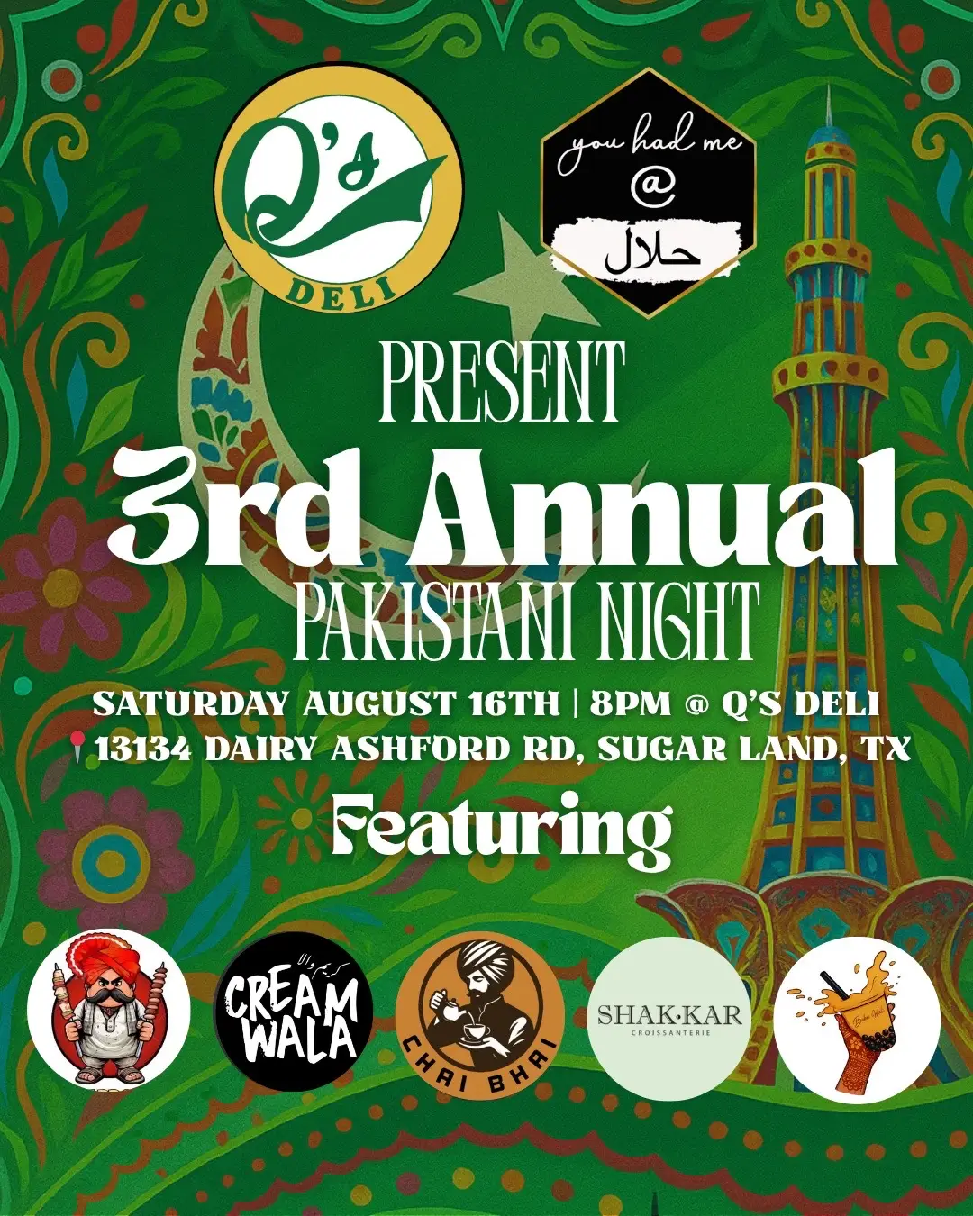Time to reveal the stacked lineup for this years Pakistani Night at Q’s Deli ! 🥪 @Q. Deli with the exclusive Pakistani Fusion Menu available one night only! 🍖 Meerut BBQ House will be in the house serving up some delicious Pakistani BBQ 🍨 For the FIRST time in HTX - All the way from DFW - Creamwala will be serving up some delicious Desi Fusion ice cream ☕️ Chai Bhai  will have you covered with your post meal Chai Fix 🥐 @SHAK•KAR with some exclusive desserts and a special collab with Q’s Deli bringing something never seen before in HTX! 👀 🧋 @Boba Wali HTX will be bringing you some amazing Desi Fusion Boba Drinks! Do not miss out on this once a year event! Doors Open at 8pm till food sells out! 📍13134 Dairy Ashford Rd, Sugar Land, TX . . . . #halalhouston #houstonhalal #houstonfood #houstonfoodie #houstonevents #sugarlandtx #pakistanindependenceday #pakistanifood #qsdeli #yhmah #youhadmeathalal