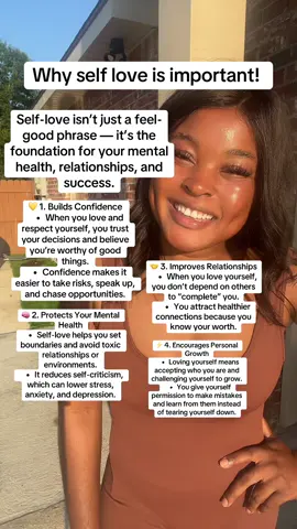 ❤️ 5. Creates a Happier Life 	•	Self-love shifts your focus from “What’s wrong with me?” to “What can I celebrate about me?” 	•	This gratitude and kindness toward yourself ripple into every part of your life. ⸻ ✅ Ways to Practice Self-Love 	•	Speak kindly to yourself — replace negative self-talk with supportive words. 	•	Set boundaries — protect your time, energy, and peace. 	•	Prioritize your health — eat well, rest, and move your body. 	•	Celebrate small wins — acknowledge your progress, not just big achievements. 	•	Forgive yourself — let go of guilt from the past. #selflove #MentalHealth #contentcreator 