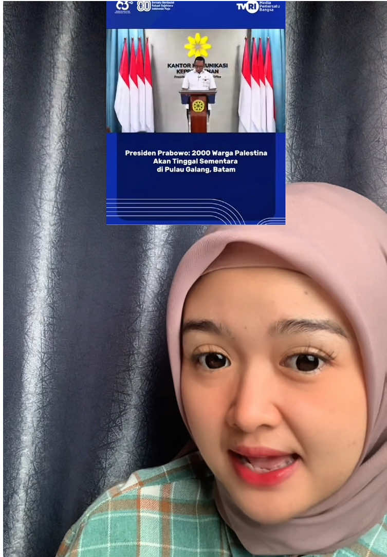 Kepala kantor komunikasi kepresidenan, Hasan Nasbi mengatakan presiden prabowo akan merelokasi 2000 Warga Palestina yang telah mengalami sakit untuk tinggal sementara di Pulau Galang, Batam, Kepulauan Riau. Sumber : tvrinasional