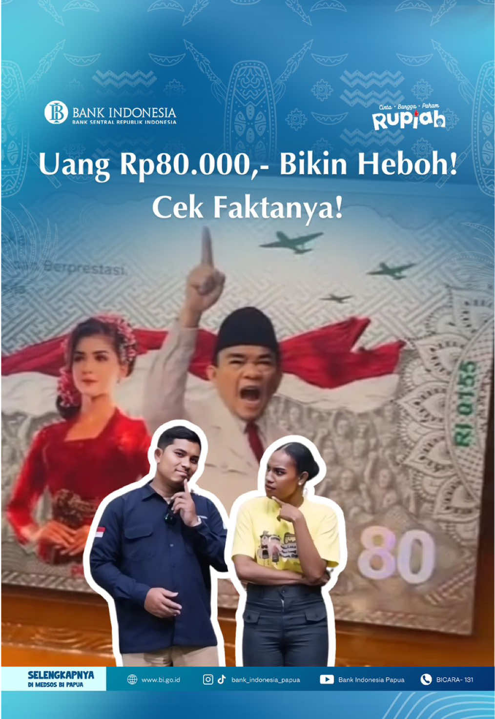 “Heboh uang Rp80.000? 🤔 Beneran ada atau cuma editan? Yuk, jangan asal percaya hoax! 😱💸” Hallo #SobatRupiah! ✨ Uang pecahan Rp80.000 sempat bikin geger di media sosial. Tapi… apakah uang ini benar-benar diterbitkan resmi oleh Bank Indonesia? ✅ Cek faktanya langsung di reels ini yaa✨ 📲 Jangan sampai tertipu, yuk jadi masyarakat yang cerdas dan melek informasi! #CintaBanggaPahamRupiah #BankIndonesia #BIPapua #UangRp80000 #FaktaBukanHoax #jayapurahits_papua #fyp #jayapuratiktok 
