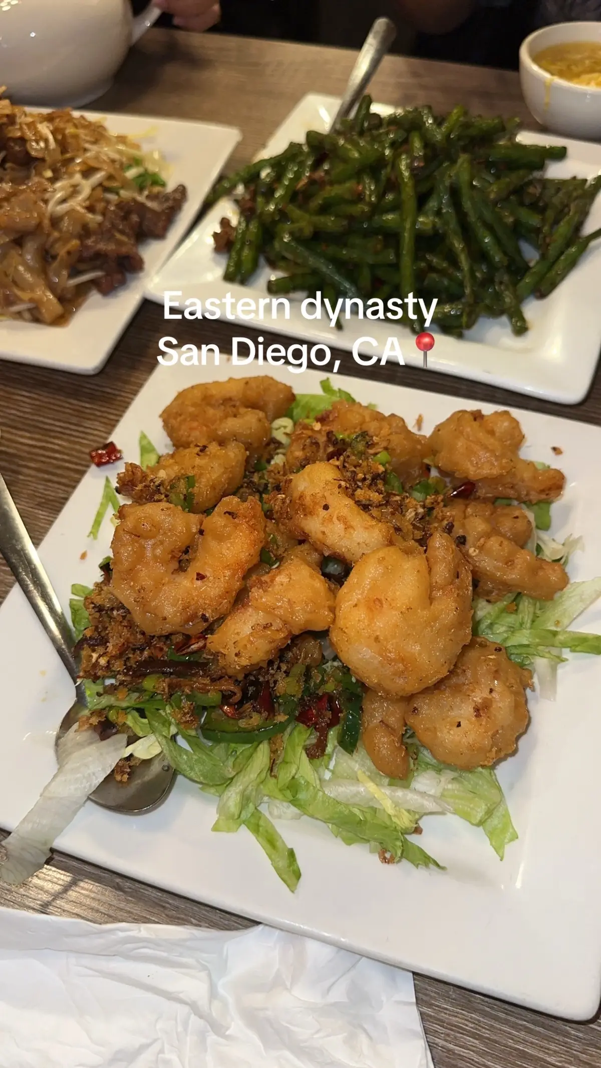 This dinner fed 4 of us girls for under $100 before tip: Pepper garlic shrimp BBQ Pork belly  Beef chow fun  String beans with ground beef Egg drop soup  #fyp #olebrandselect 