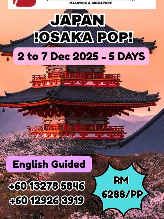 ❤️ Dive Into Japan’s Cultural Heart – OSAKA Awaits! ✅ From the glowing Dotonbori streets to the timeless charm of Kyoto’s traditions – this isn’t just a trip, it’s a memory in the making. 🗓️ Fixed Departures with Guided Ease 🎯 Limited seats available – Lock in your spot before it’s gone! To Book Your Dream Package: +60 13278 5846 +60 12926 3919 Other Departure Dates: 17 to 22 Feb 202 17 to 22 Mar 2026 28 Apr to 3 May 2026 #OsakaPop #Japan2025 #OsakaVibes #FamousWorldTours #JapanWithFWT #KyotoCalling #OsakaStreetFood #ExploreJapan #BucketListTrip #FamousWorldTours #JapanTour #tiktoktravel #fyppppppppppppppp #TravelGoals #fyp #NeonNightsOsaka #HolidayVibes #JapanAwareness #TourismJapan #FamousWorldTours #fyp#travel #fypシ゚ #easypayment #viral #malaysiatamiltiktok #malaysiatiktok