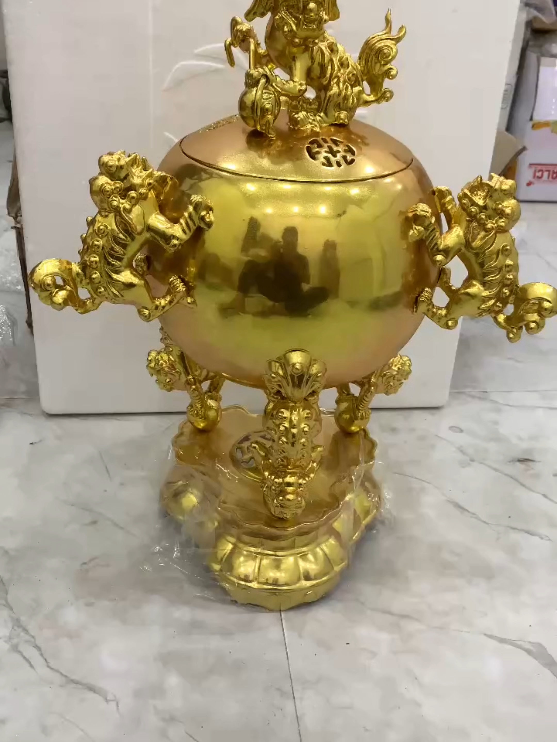Đỉnh cầu thất Lân dát vàng- nâng tầm không gian phòng khách phòng thờ #đồđồngtườngphát #dátvàng #thấtlânvờncầu