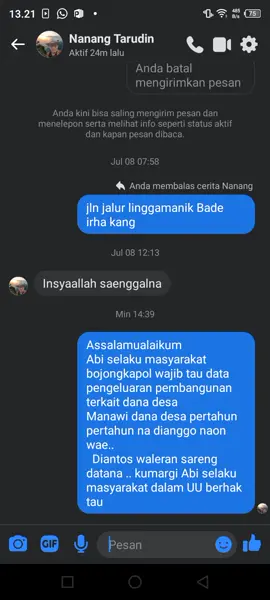 cuman dibaca doang dong???mmm berfikir positif mungkin kepala desanya sedang sibuk untuk membangun desa yang lebih maju sehingga tidak sempat membalas pertanyaan dari rakyatnya,,, sebelumnya terimakasih setidaknya sudah membaca dari chat saya meskipun belum sempat dibalas #desabojongkapol 