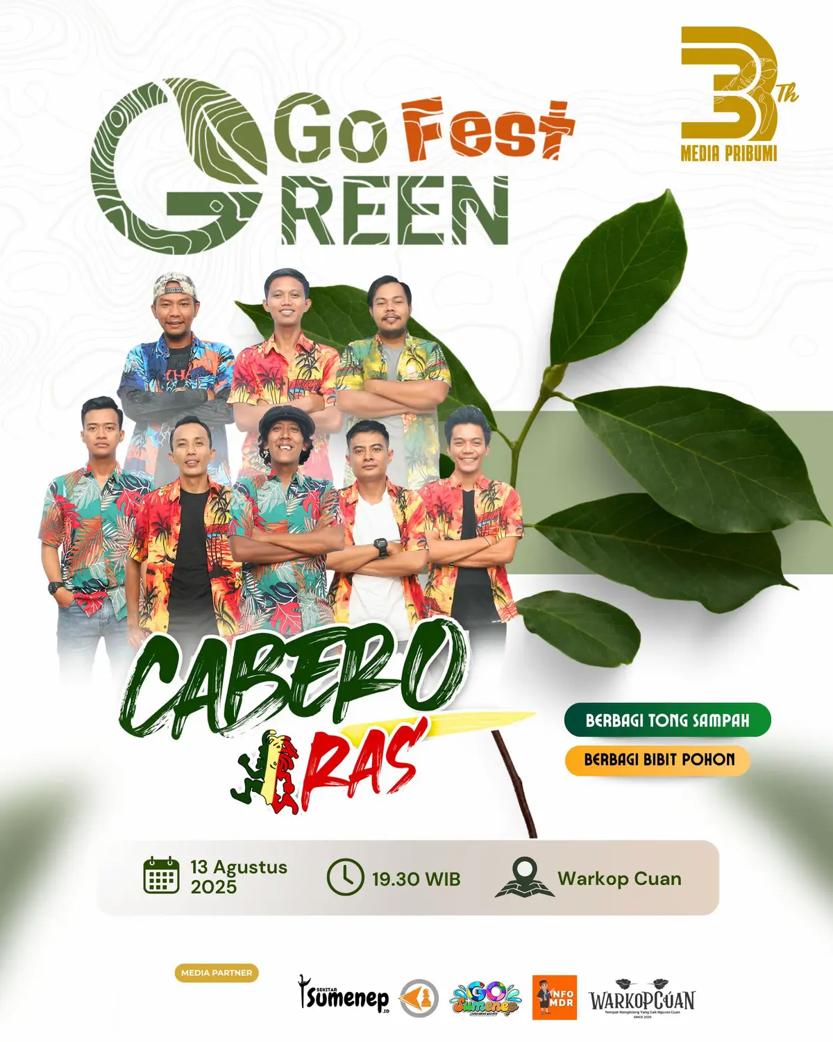 Dalam rangka memperingati hari jadinya yang ke-3, Media Pribumi akan menggelar acara Go Fest Green . Acara ini menghadirkan penampilan spesial dari Cabero Ras 🎶  @CABERORAS serta mengusung misi peduli lingkungan melalui kegiatan berbagi tong sampah dan pembagian bibit pohon. 🌱 Melalui Go Fest Green, Media Pribumi mengajak masyarakat untuk bersinergi menjaga kelestarian lingkungan sekaligus menikmati hiburan musik. 📅 13 Agustus 2025 ⏰ 19.30 WIB 📍 Warkop Cuan @mediapribumi.  #sumenepmadura#MediaPribumi #sekitarsumenepid #HariJadi #EventSumenep  