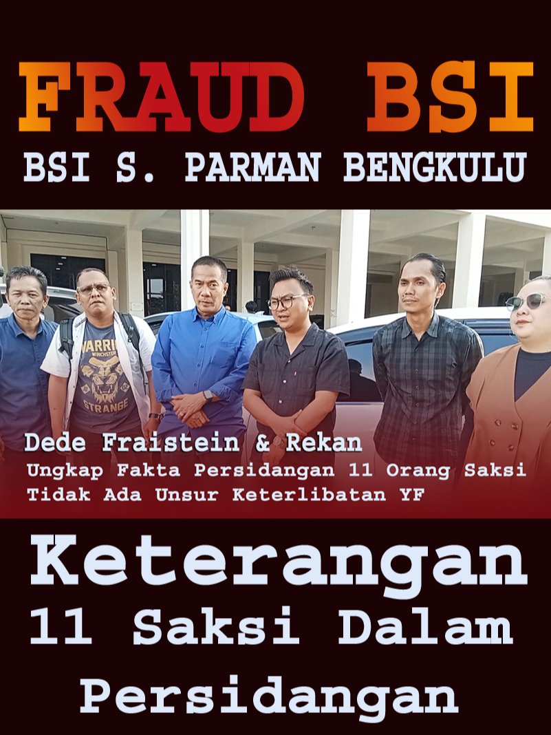 Dede Fraistein : Ungkap Fakta Persidangan 11 Orang Saksi | Tidak Ada Unsur Keterlibatan YF Delik INFO |  Fakta Persidangan Keterangan  11 Orang Saksi Pada Persidangan Fraud BSI S. Parman Bengkulu, diungkapkan Fakta Persidangan hasil pemeriksaan 11 Orang Saksi Dede Fraistien dan Rekan menjelaskan bahwa hingga kini, sebanyak sebelas orang saksi telah dihadirkan dalam persidangan, termasuk mantan Branch Operation and Service Manager (BOSM) dan staf yang mengawasi penerbitan serta penarikan bilyet deposito. “Dari keterangan para saksi, terungkap bahwa pendebitan tersebut tidak dilakukan langsung oleh nasabah, atau dihadiri nasabah melainkan oleh pihak lain,” ungkap Dede. Selengkapnya : https://delikinfo.online/fakta-persidangan-menguatkan-yf-dede-fraistien-semua-saksi-tak-pernah-melihat-yogi/   #PengadilanNegeriBengkulu #kejatiBengkulu #mabespolri#bareskrimpolri #faktapersidangan #fraudBSIBengkulu #bsibengkulu #delikinfo #delikhukum @pn_bengkulu #bengkuluhariini