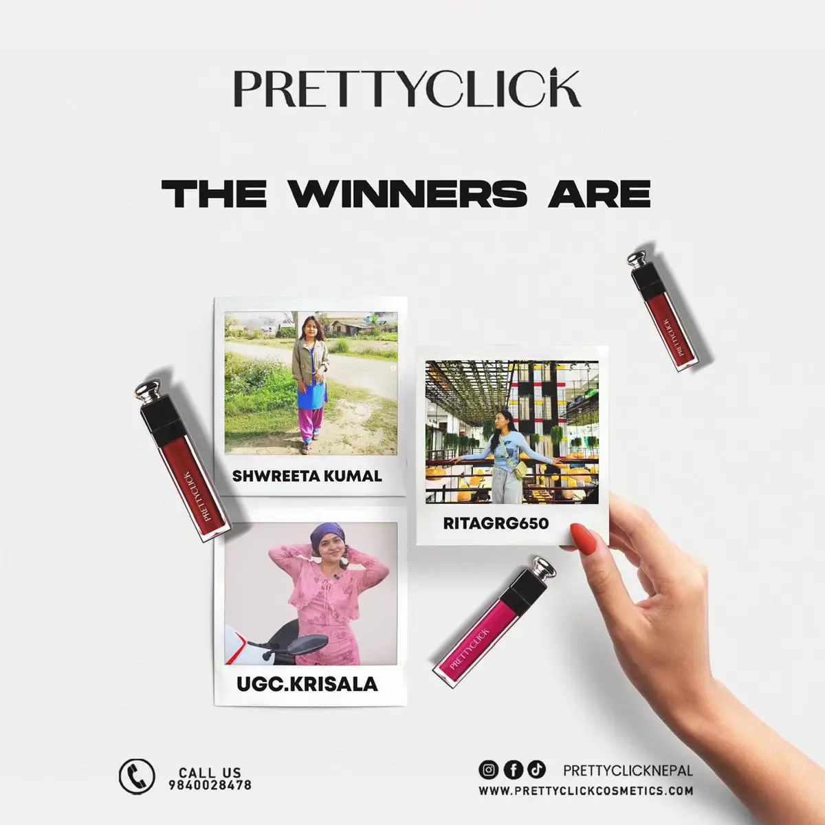 🎉 Congratulations to the Winners of the PrettyClick Lip Cream Giveaway!💄✨ We’re thrilled to announce our lucky winners! 🥳  ✨ @shwreeta_kumal  ✨ @ritagrg650  ✨ @ugc.krisala_  A huge thank you to everyone who participated. 💕 Winners, please DM us your contact details (name, phone number & address) so we can send your goodies your way! 📦💌 Stay tuned for more exciting giveaways! 🌟  #PrettyClickGiveaway #WinnerAlert #CongratsBeauties