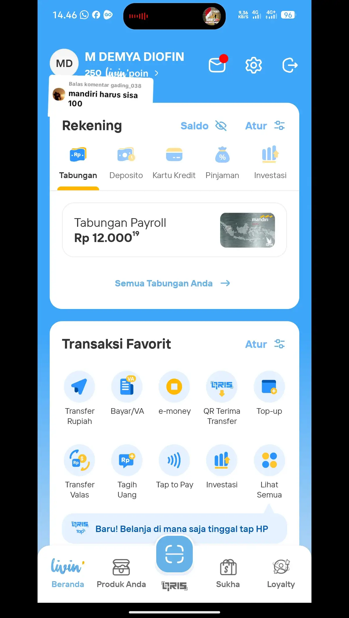 Membalas @gading_038 lah kata siapa bang harus sisa 100k. lah ini punyaku sisa 12k tapi pas awal bulan saldo jadi 0 karna kepotong admin 12k #livin #mandiri #saldo #bahanswmu #fyp 