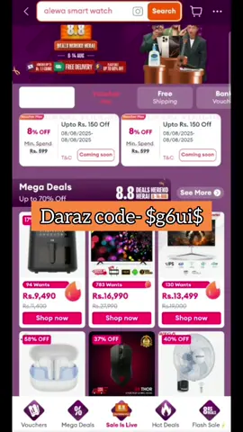 Daraz 8.8 sale vouchers and deals. Search Daraz code $g6ui$ or link is in bio. #daraz #darazsale #sale #daraz88 #viral #fyp #fyppppppppppppppppppppppp 