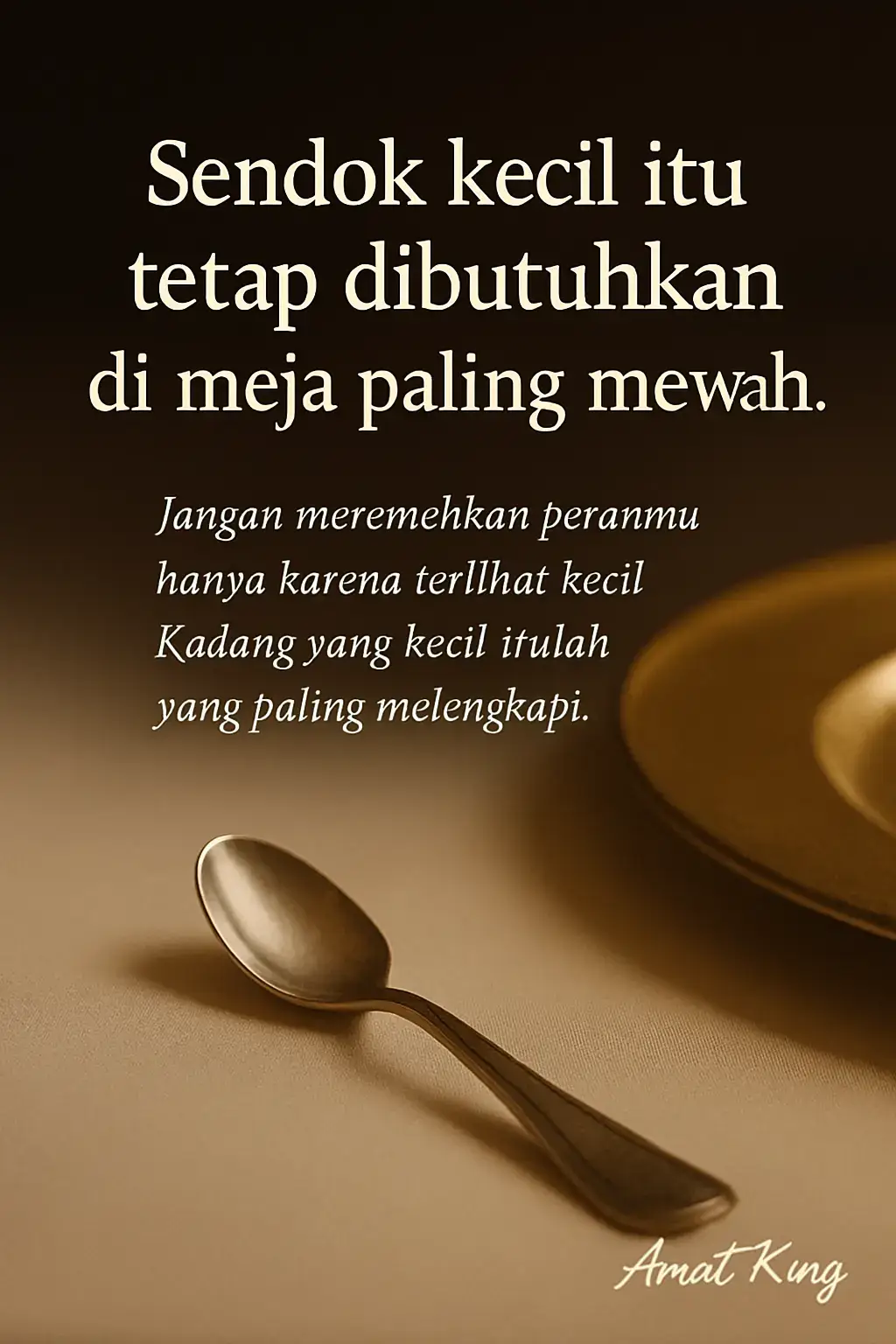 Bahkan di meja paling mewah, sendok kecil tetap punya peran. Jangan pernah meremehkan dirimu, karena yang kecil pun bisa melengkapi segalanya. — Amat King #MotivasiHidup #RenunganHidup #HikmahHidup #SendokKecil #MaknaHidup #SelfReminder #AmatKing #Renungan #Motivasi #PestaKemenangan